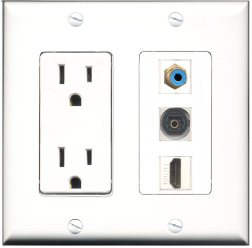 RiteAV 15 Amp Power Outlet with HDMI, RCA & Toslink Ports - Decorative Wall Plate for Home Theater & Audio Video Setup
