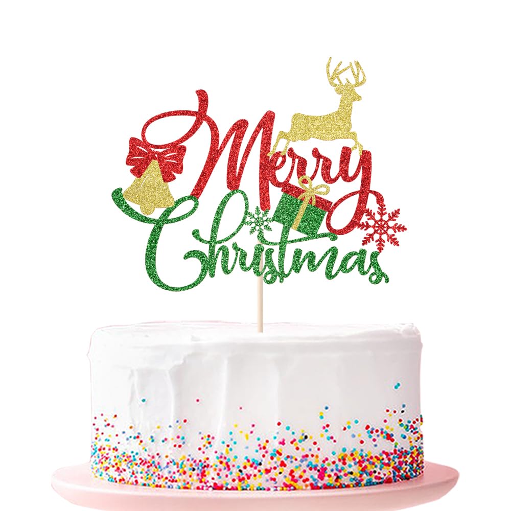 Festive Christmas Cake Topper - Red & Green Glitter Cake Decorations for Holiday, New Year & Birthday Parties | Perfect for Christmas Desserts, Cupcakes & Celebration Cakes