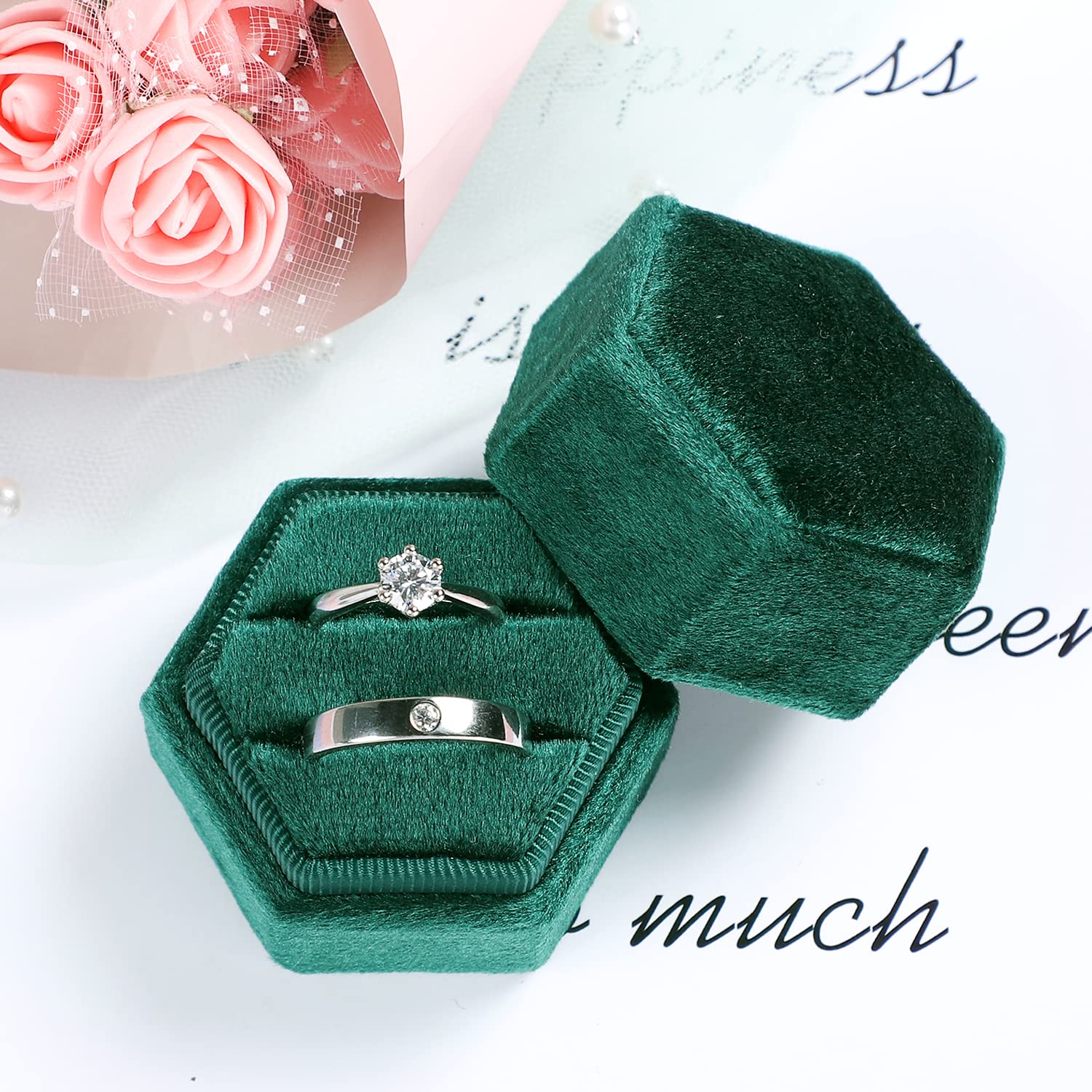 Etercycle Velvet Jewelry Ring Box - Premium Hexagon Vintage Double Ring Gift Box with Detachable Lid for Engagement, Wedding & Proposal (Emerald Green) | Perfect for Wedding Ceremonies, Anniversary Gifts & Romantic Surprises