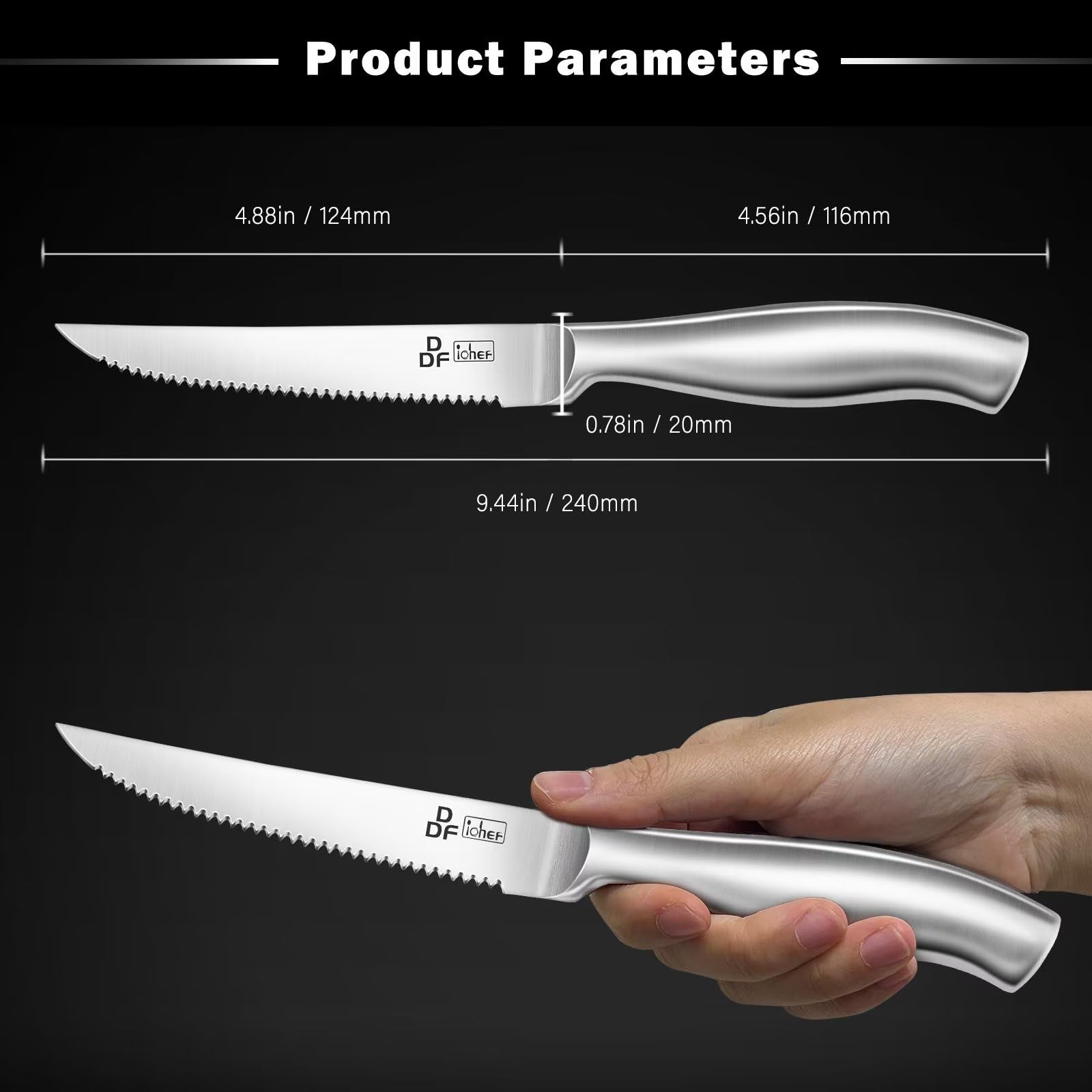 Premium DDF iohEF Steak Knife Set - 6-Piece High Carbon Japanese Stainless Steel Serrated Knives for Steak, Meat & BBQ - Perfect for Dinner Parties, Restaurants & Home Kitchens