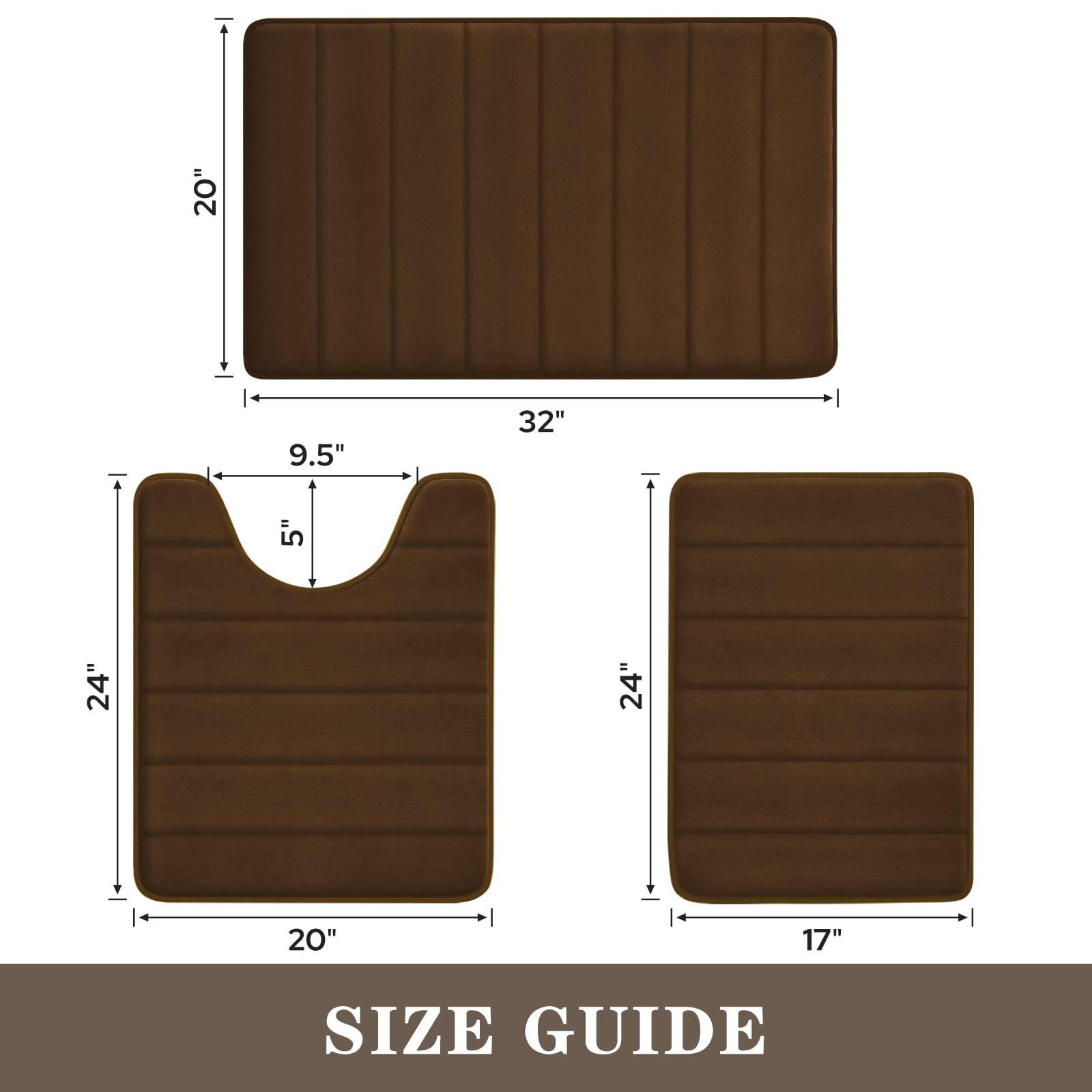 BYSURE 3-Piece Brown Memory Foam Bathroom Rug Set - Non-Slip, Ultra Soft & Absorbent Bath Mats for Bathroom Floor - Machine Washable & Dryable - Perfect for Bathrooms, Showers & Toilet Areas