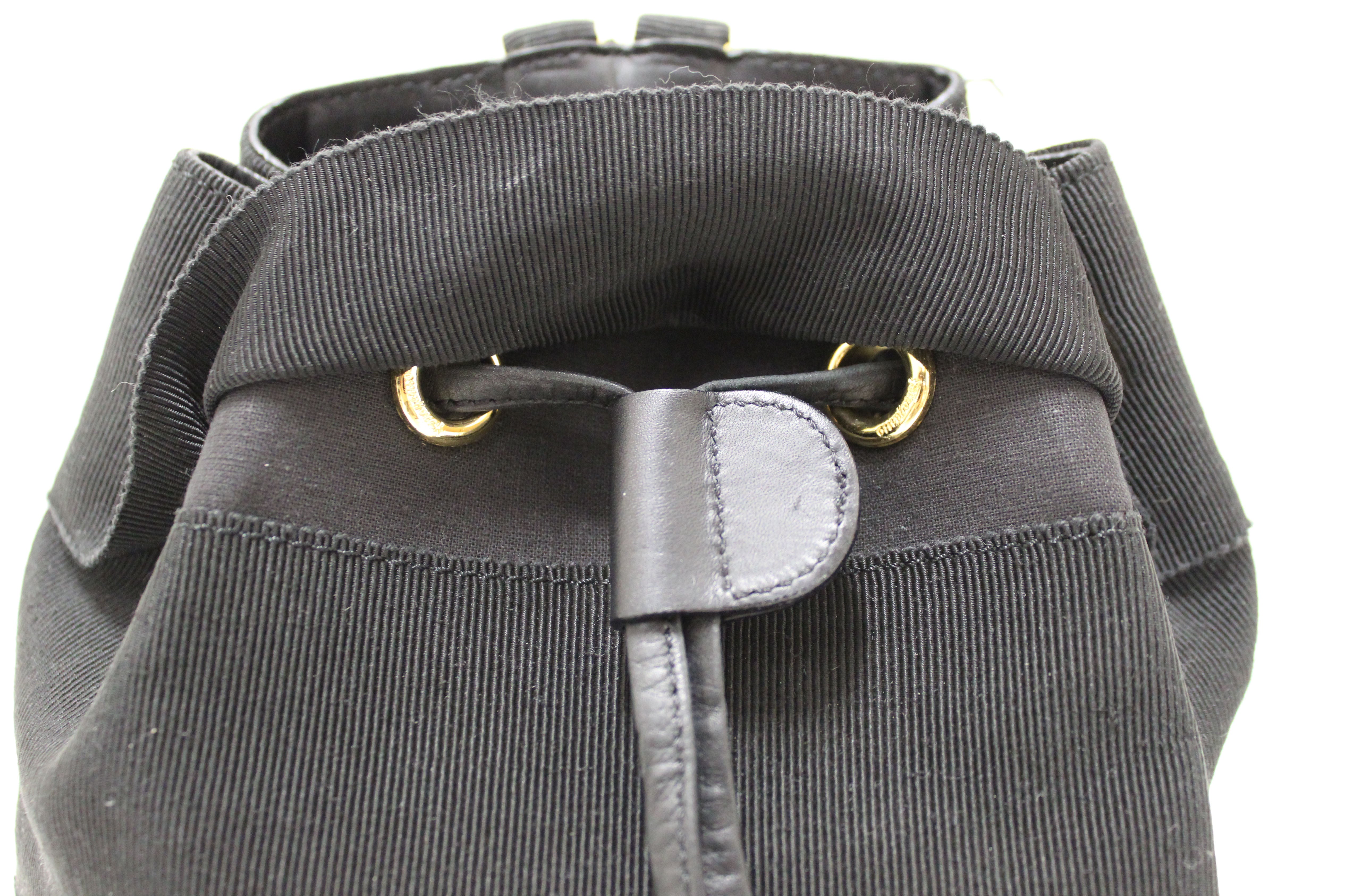 Authentic Salvatore Ferragamo Black Grosgrain Ribbon Tiered Drawstring Backpack for Women | Luxury Designer Handbag for Travel, Work & Everyday Use