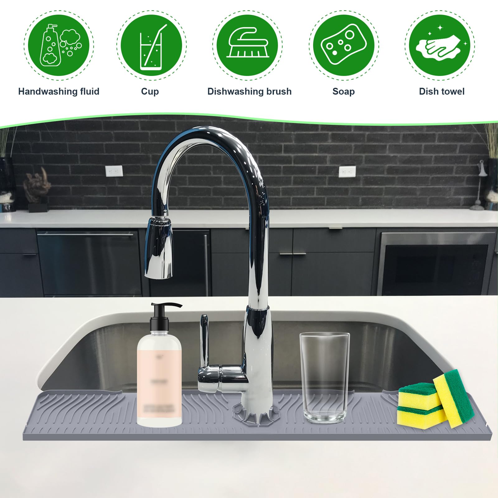 33 Inch Silicone Kitchen Sink Splash Guard Mat - Water Drip Catcher for Faucet Handle Protection, Multi-Purpose Sink Mat with Sponge Holder - Perfect for Kitchen Countertops, Dishwashing & Preventing Water Spills