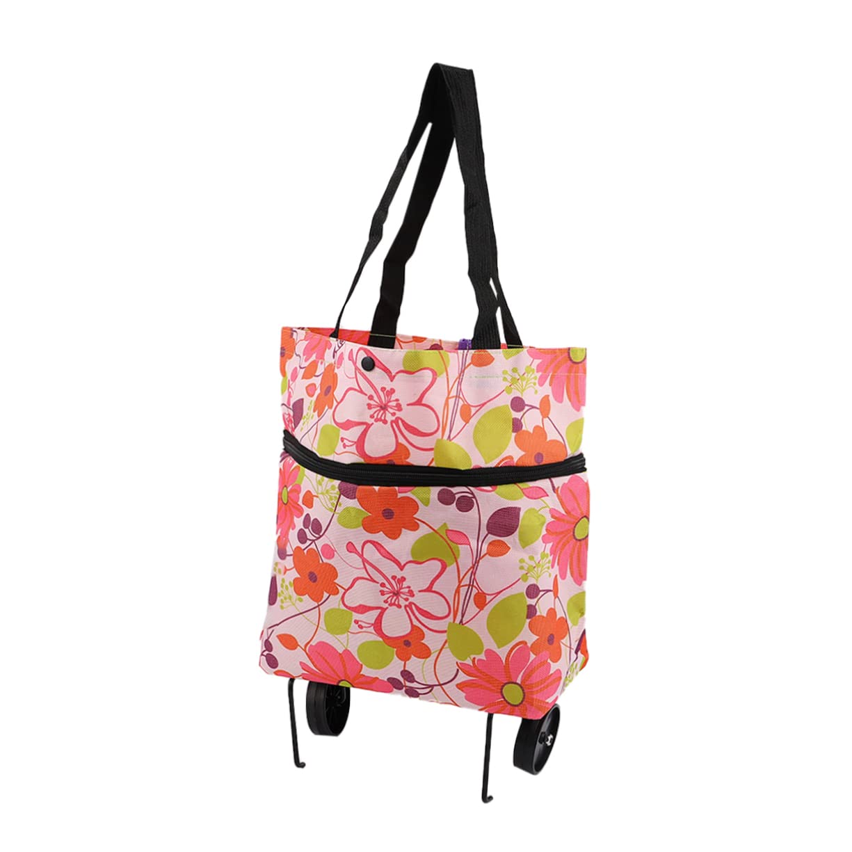 MagicLulu Collapsible Tote Bag with Wheels - Pink Shopping Cart Organizer & Storage Pouch | Portable Grocery Tote for Supermarket, Farmers Market & Beach Trips