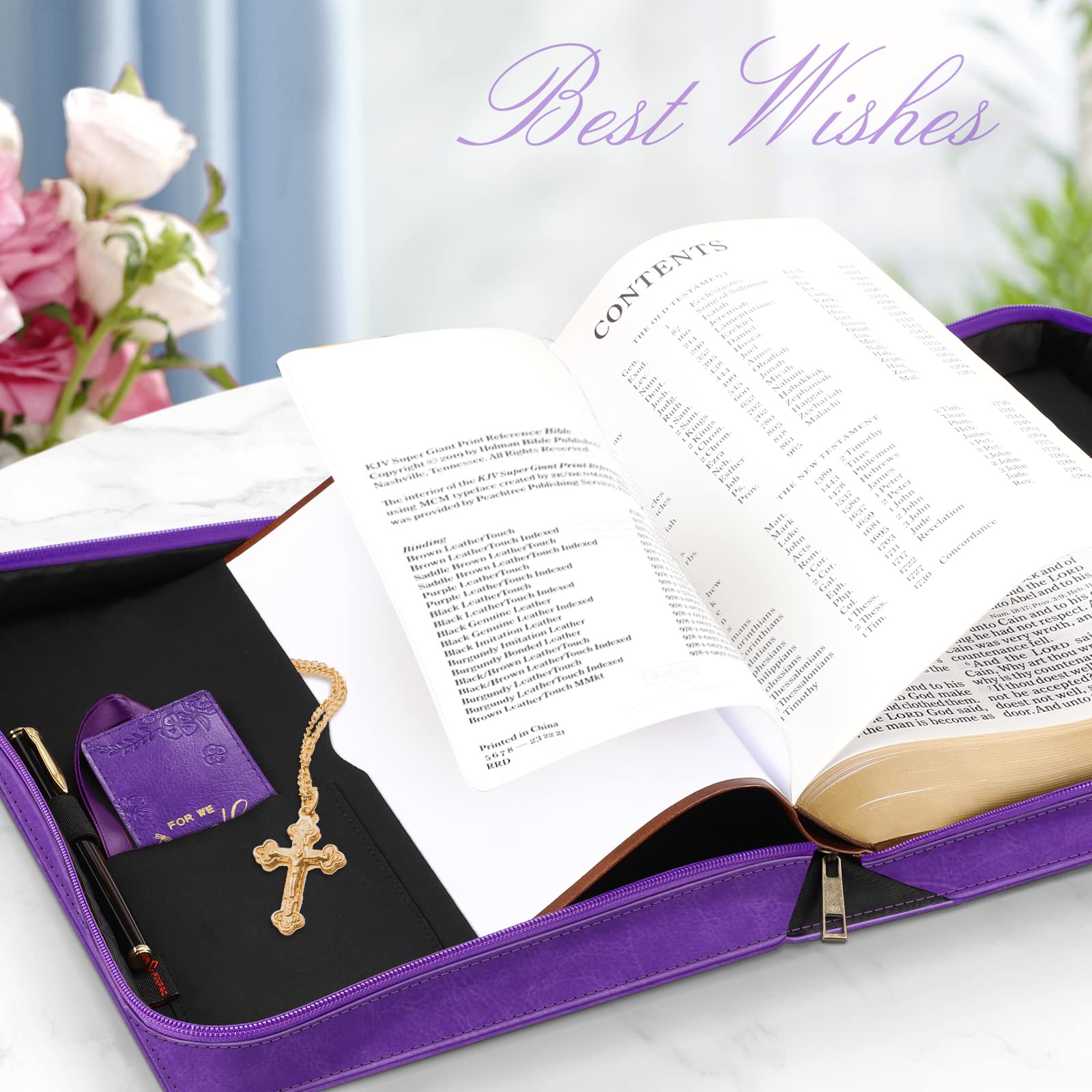 FINPAC Large Classic Vegan Leather Bible Cover with Handle - Protective Bible Carrying Case for Church, Travel & Daily Use - Perfect Gift for Women, Mothers & Friends (Purple)