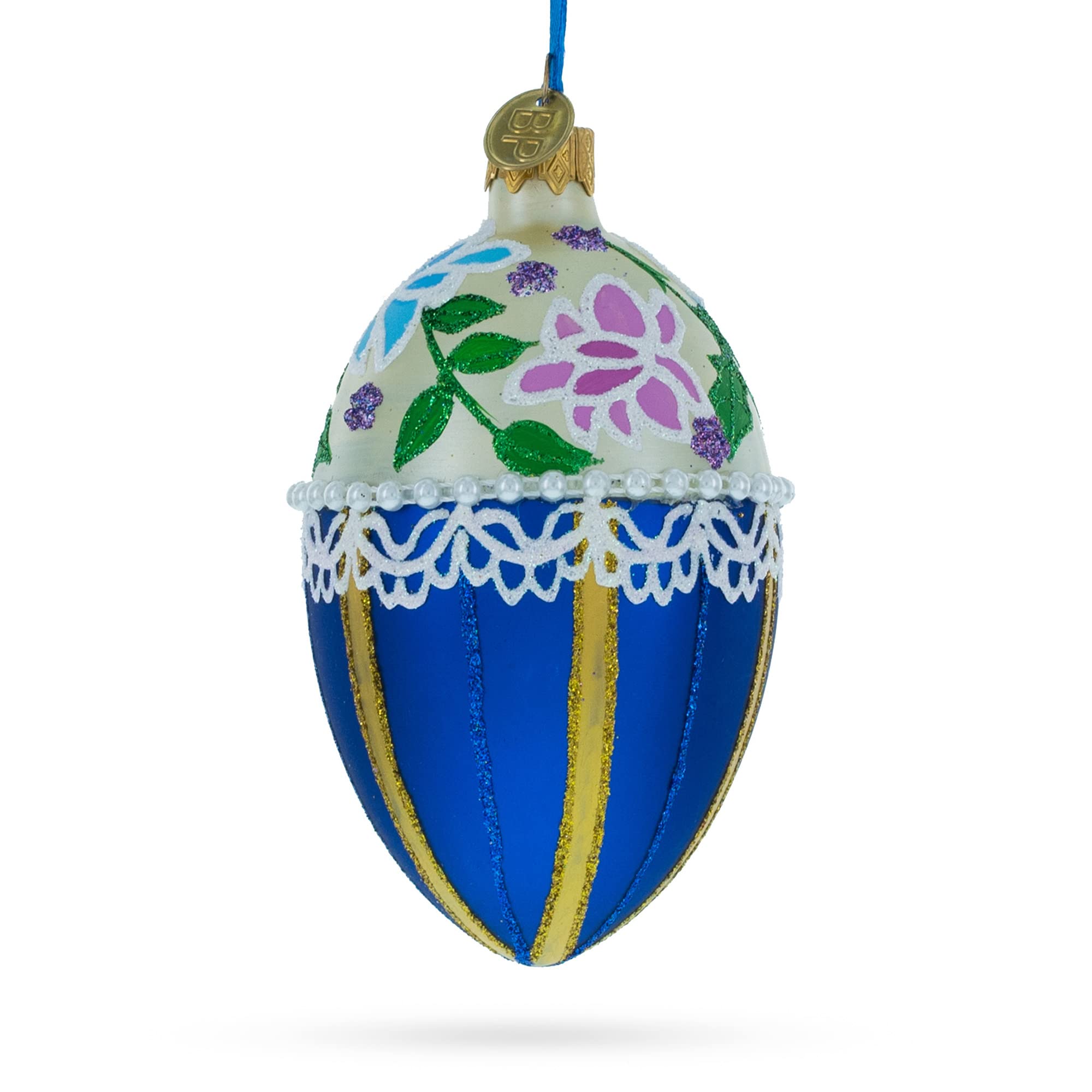 4 Inch Beige and Blue Glass Egg Christmas Ornament with Floral Design - Perfect for Holiday Tree Decor, Gift Giving & Festive Home Décor