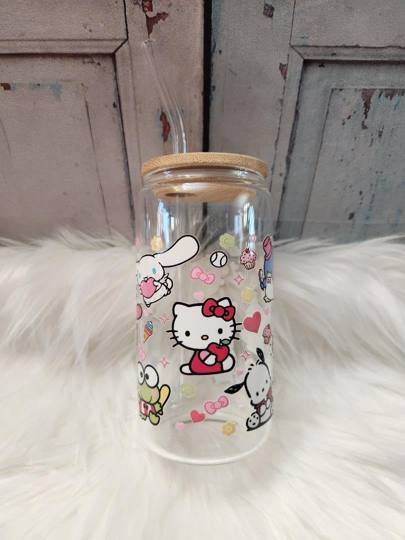 Hello Kitty Glass Can with Lid & Straw - 16oz Mason Jar Cup for Drinks & Snacks