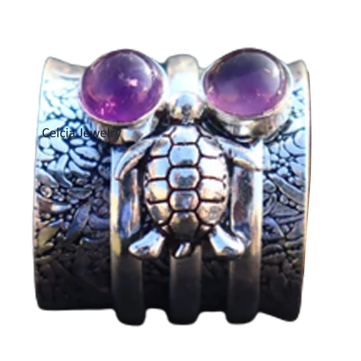 Amethyst Round Gemstone Turtle Spinner Ring - Handmade Meditation Spinning Ring for Stress Relief, Unique Animal Jewelry Gift for Women Men (February Birthstone, Size 7) - Perfect for Yoga, Mindfulness & Spiritual Healing