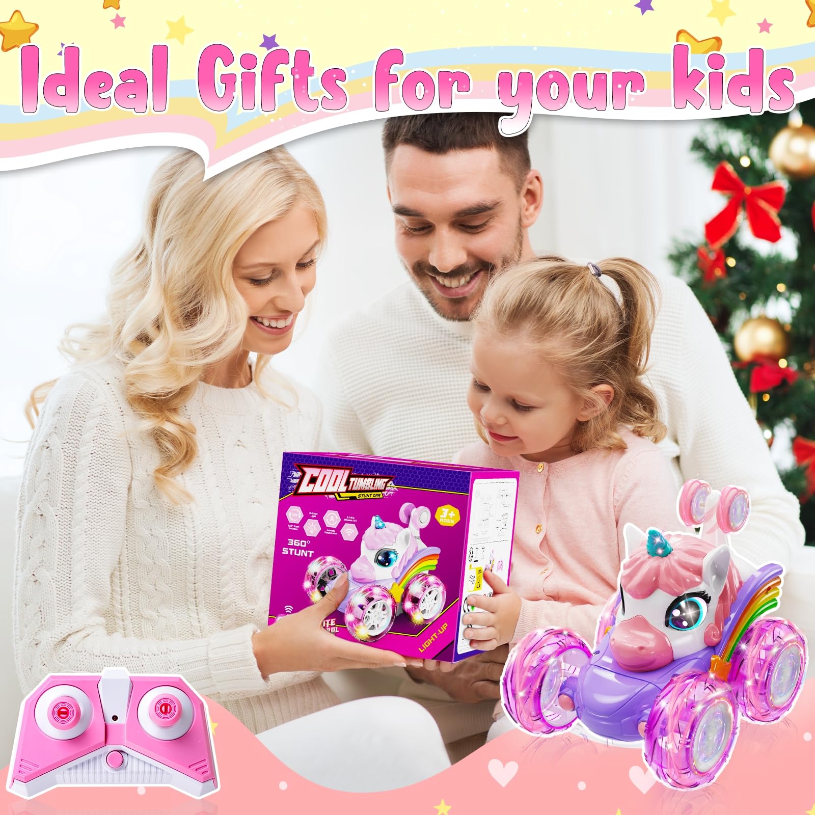 Unicorn Remote Control Car for Girls - 360° Rotating 4WD Stunt RC Toy with LED Lights, Rechargeable Battery - Perfect Birthday Gift for Kids Ages 3-8 | Indoor & Outdoor Play, Party Favors, STEM Learning Toy