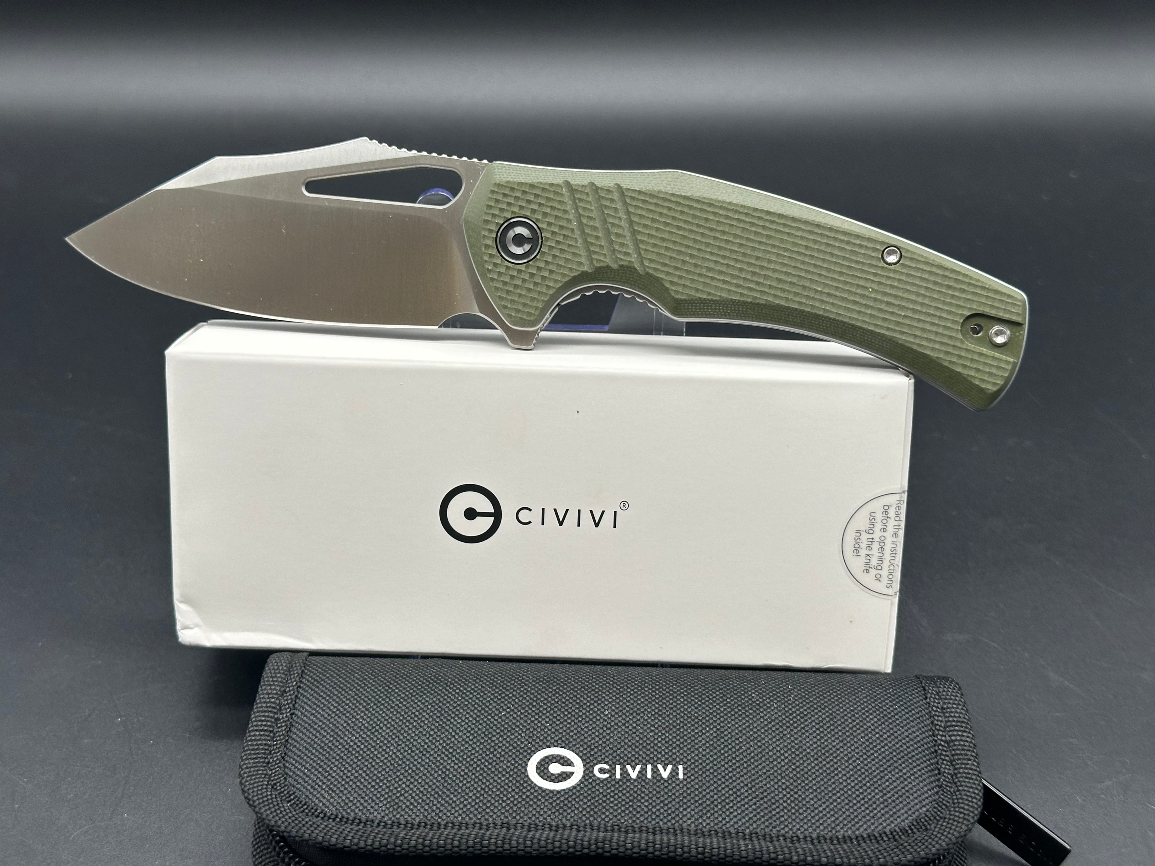 CIVIVI Bulltusk Folding Knife - OD Green Coarse G10 Handle, 14C28N Clip Point Plain Edge - EDC, Camping, Hunting & Outdoor Survival Tool