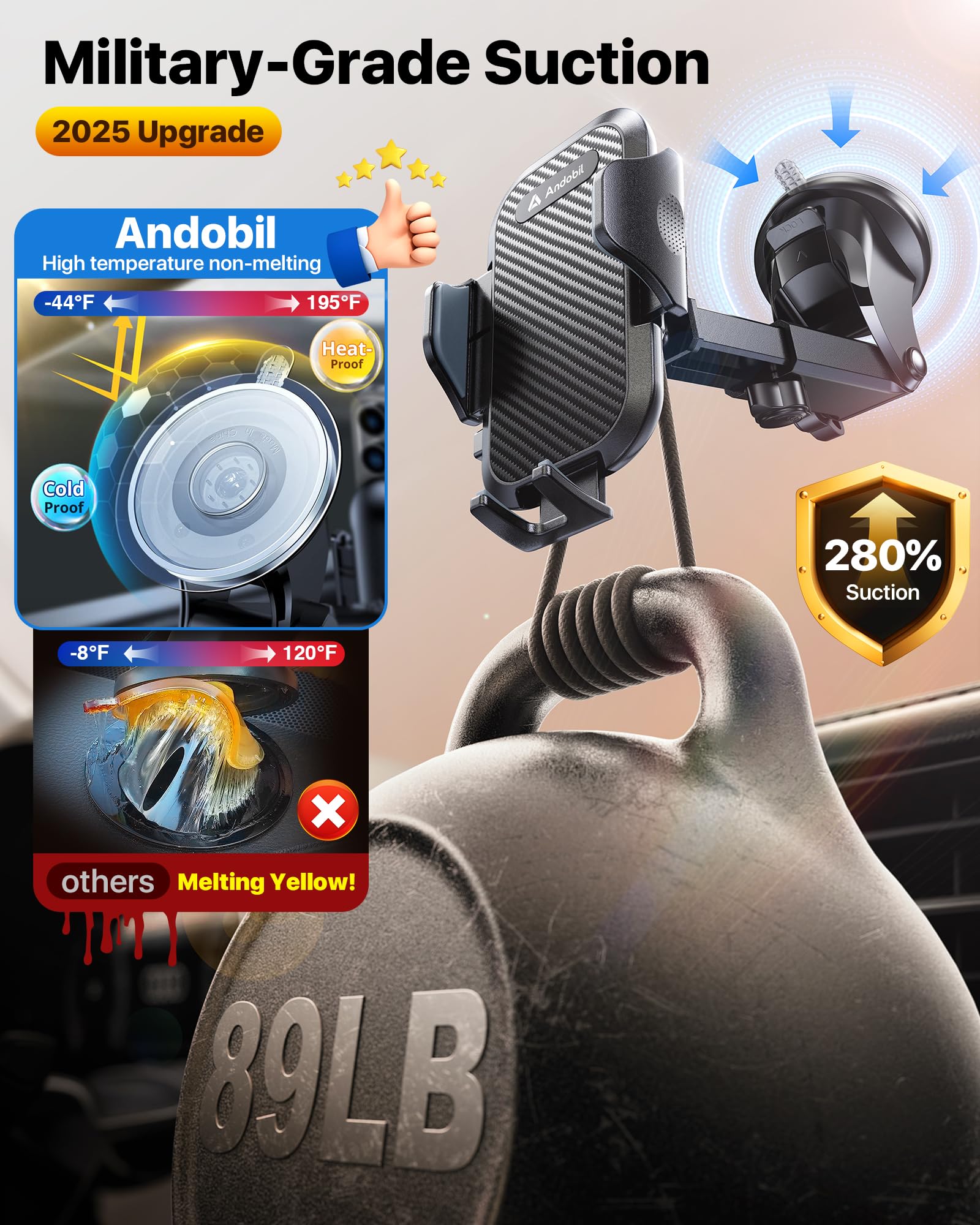Andobil Car Phone Mount - 89+ LBS Ultra Strong Suction Cup Dashboard & Windshield Phone Holder for iPhone 16/15/14/13 Pro Max, Samsung S25/S24/S23 - Secure Hands-Free Driving for GPS Navigation & Music Control