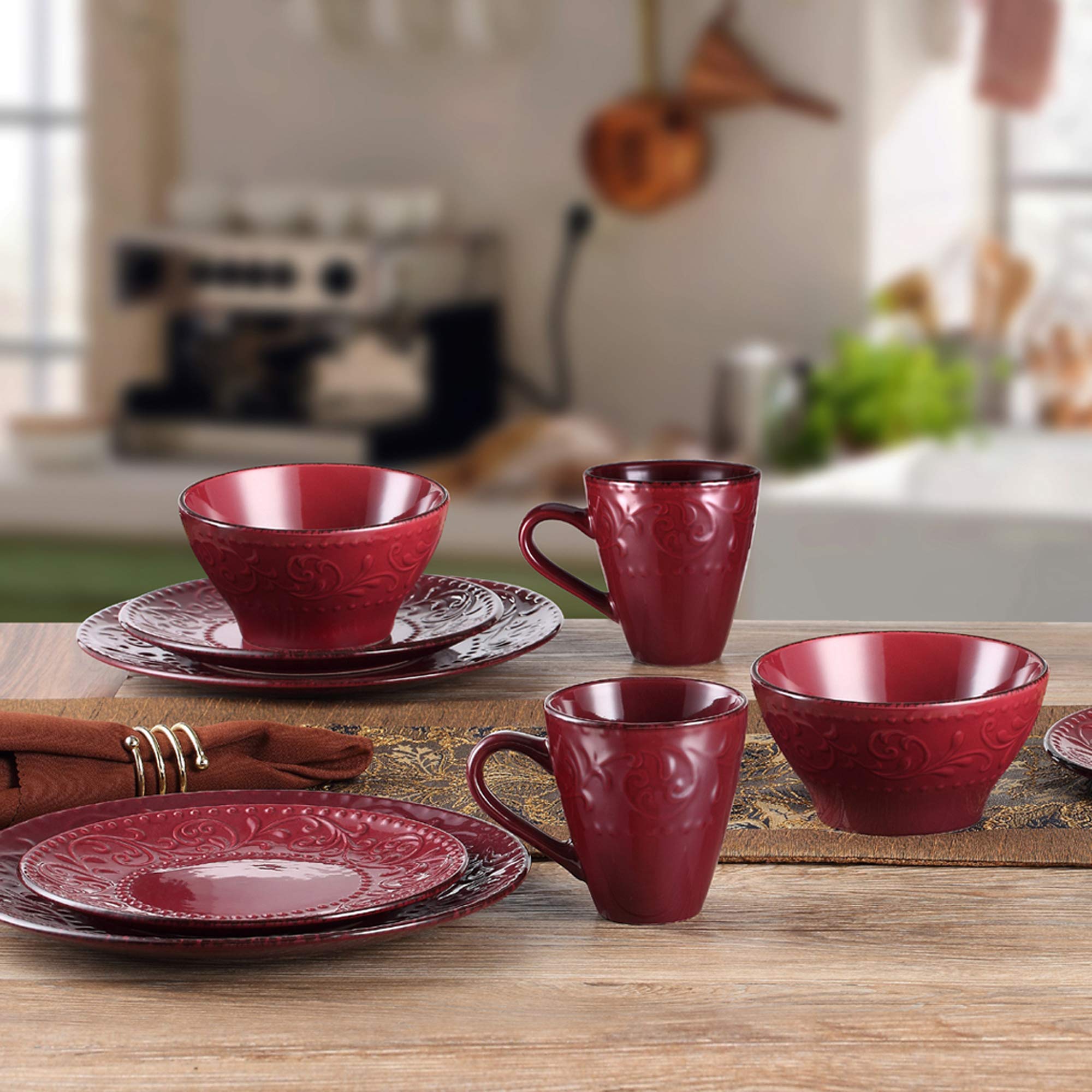 Elegant Modern Stoneware Scroll Dinnerware Set - 16 Piece Merlot Collection for Parties, Events & Holiday Gatherings - Perfect for Hosting, Entertaining & Special Occasions