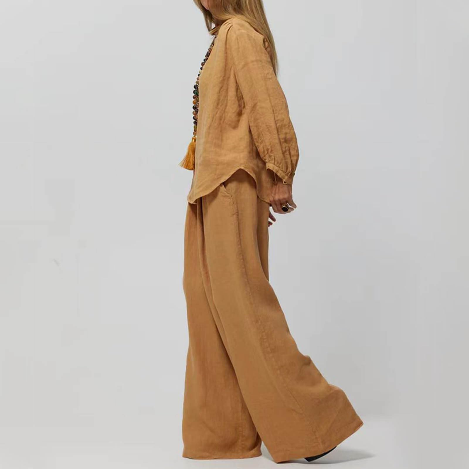 Women's Casual 2-Piece Outfit - Soft Cotton Linen Lounge Set with Long Sleeve V-Neck Pullover & Wide Leg Pants | Comfortable Oversized Loungewear for Home, Travel & Relaxation