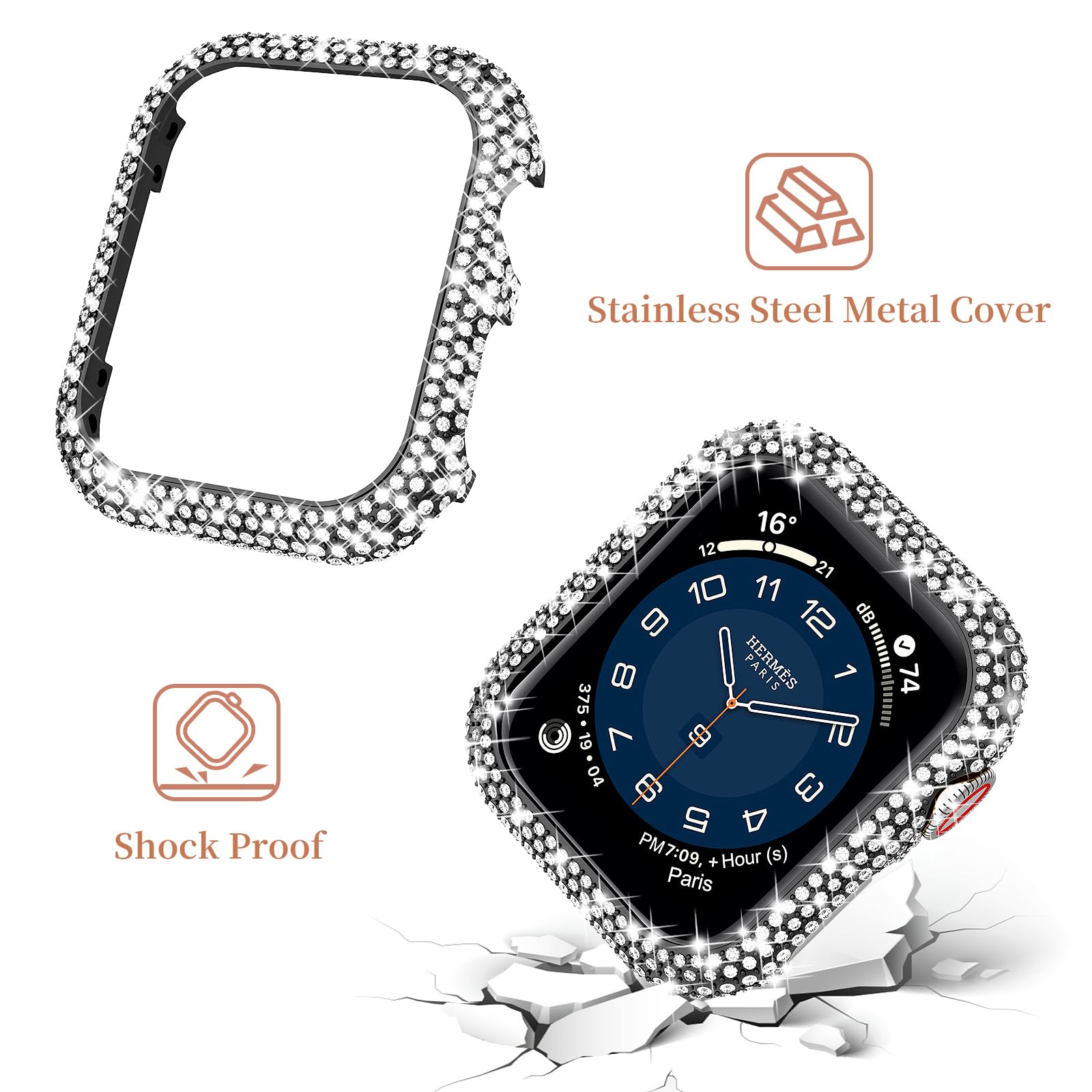 Sparkling Luxury Diamond Apple Watch Band for Women - Compatible with iWatch SE Series 10/9/8/7/6/5/4 & 40/41/42/44/45/46mm Models - Shiny Metal Case with Full Diamond Cover Set - Elegant Fashion Accessory for Daily Wear, Workouts & Special Occasions
