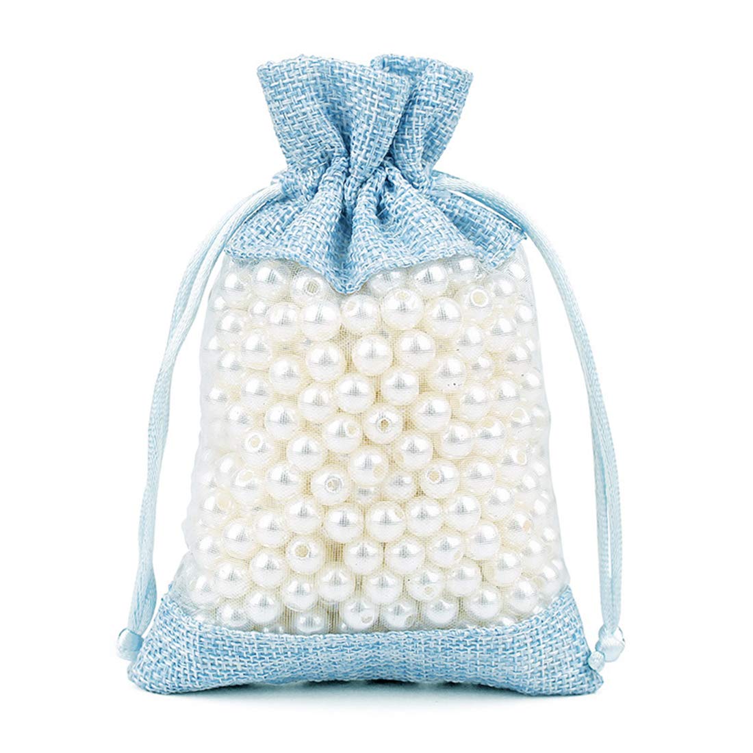 Premium Jute Drawstring Gift Bags with Clear Window - Eco-Friendly Linen Burlap Favor Pouches for Wedding, Party Favors, Christmas Gifts (Blue, 12 Pack, 5.9