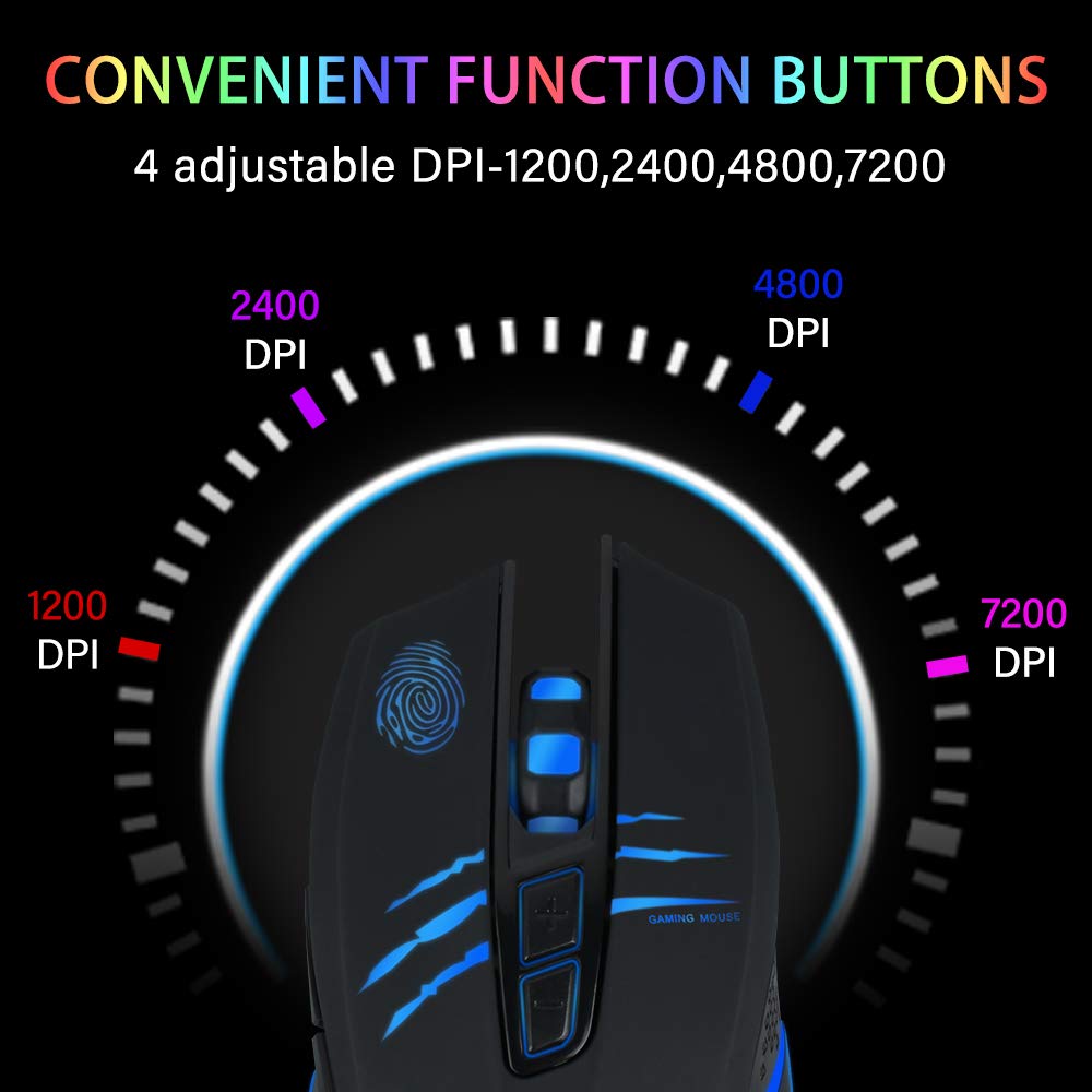 RGB Backlit Wired Gaming Mouse - 7 Programmable Buttons, 1200-7200 DPI Adjustable, USB Optical Mouse for PC, Laptop, Desktop - Perfect for FPS, MOBA Games & Professional Esports
