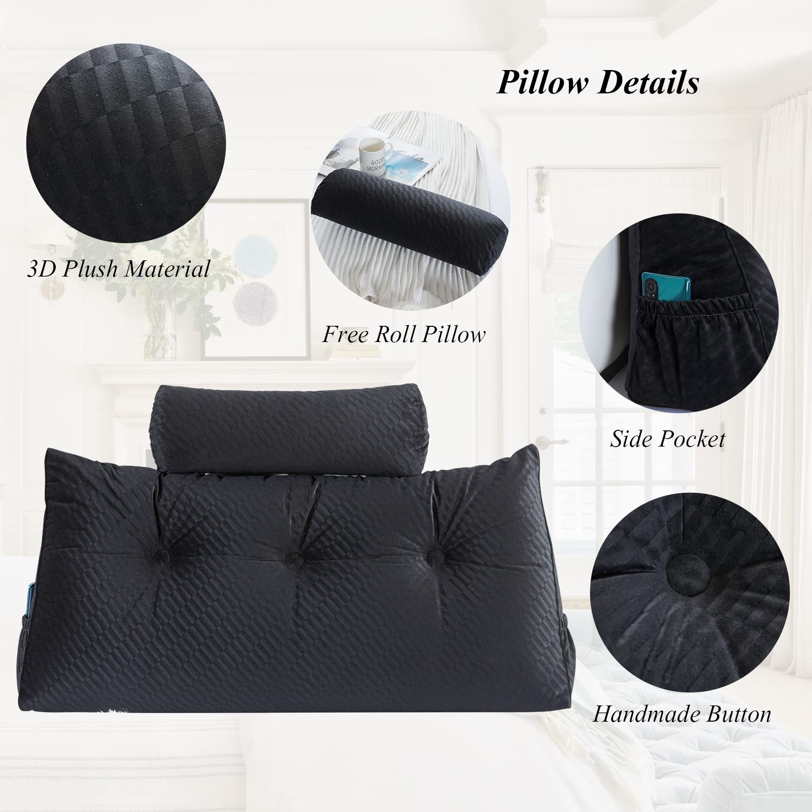 Wedge Headboard Pillows with Head Roll - Large Bolster Bed Wedge Pillow for Back Support, Reading & Sitting in Bed - Perfect for Bed Rest, Relaxation & Comfort