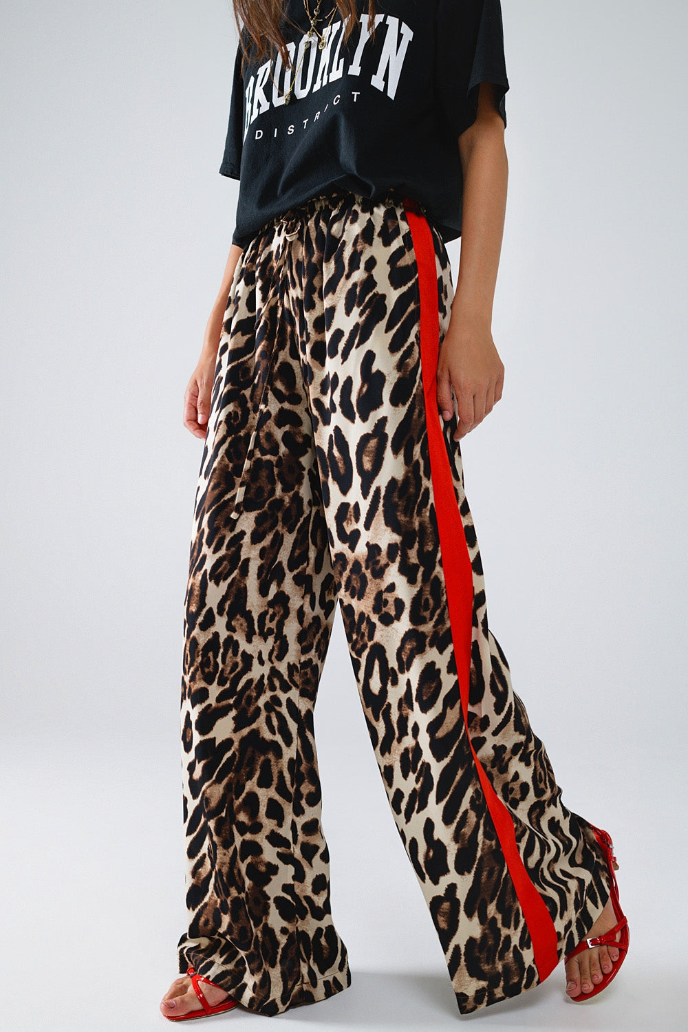 Leopard Print Straight Leg Pants with Red Side Stripes - Stylish Women's Casual Trousers for Work, Party & Everyday Wear