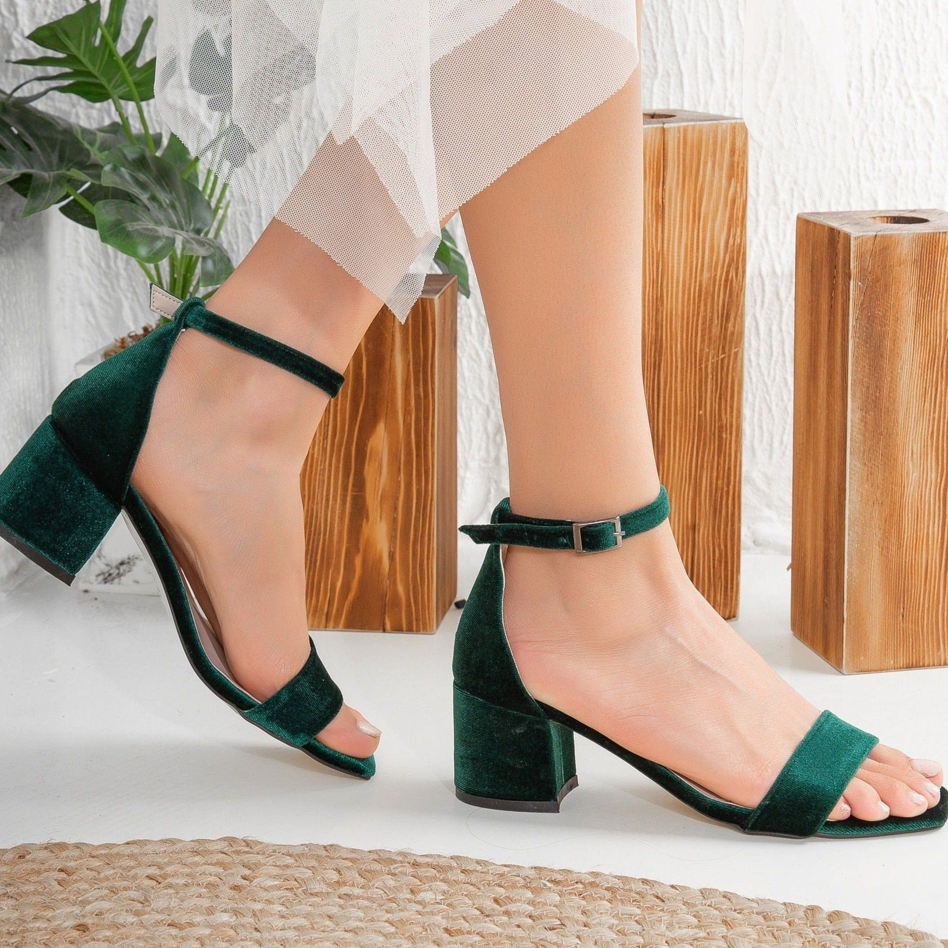Iva Green Velvet Low Heel Sandals for Women - Comfortable Summer Dress Shoes for Weddings, Parties & Casual Outings