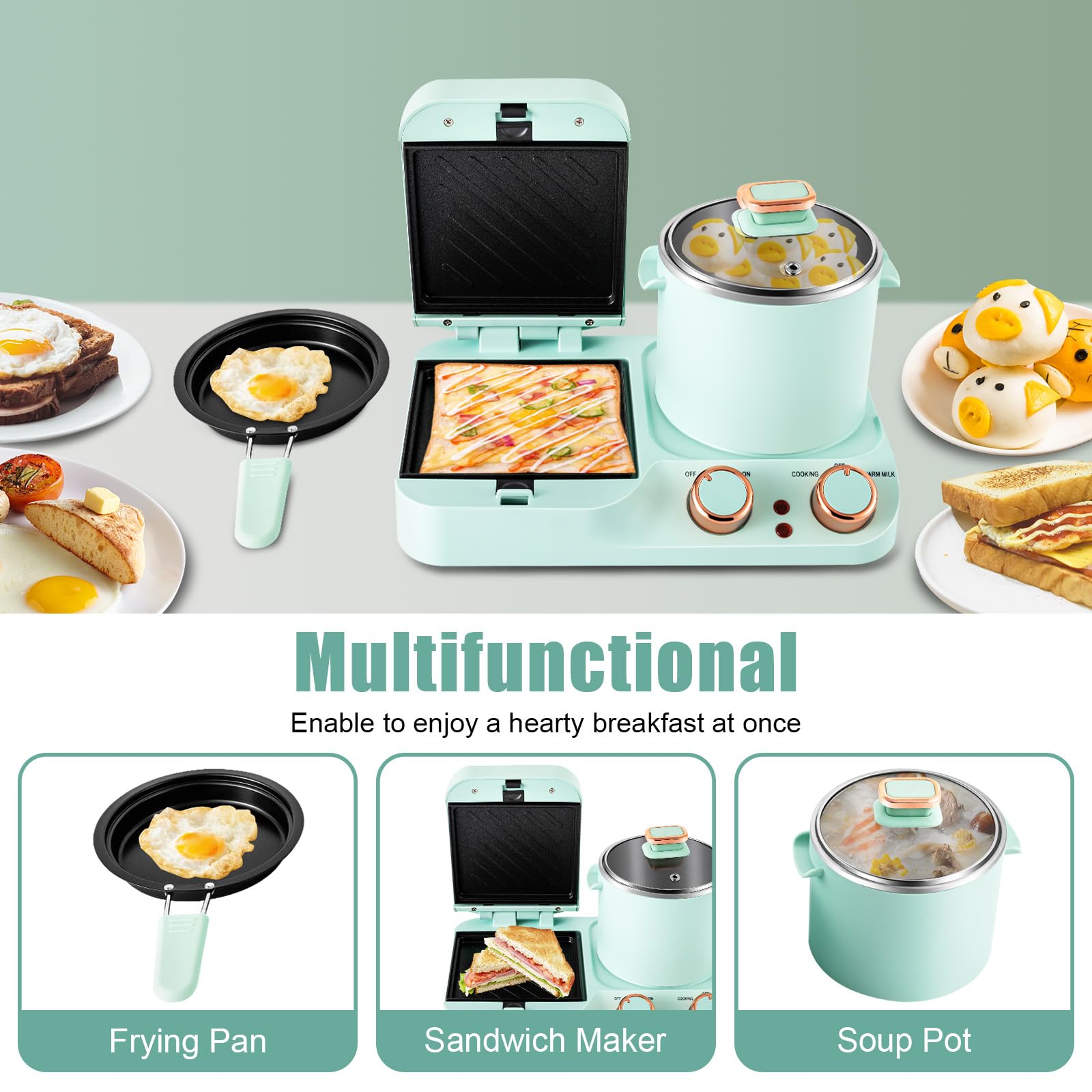 3-in-1 Breakfast Sandwich Maker with Soup Pot & Frying Pan - Electric Hot Dog Bun Toaster for Sandwiches, Pasta & Soup - Perfect for Quick Breakfasts, Office Lunches & Family Meals (110V)