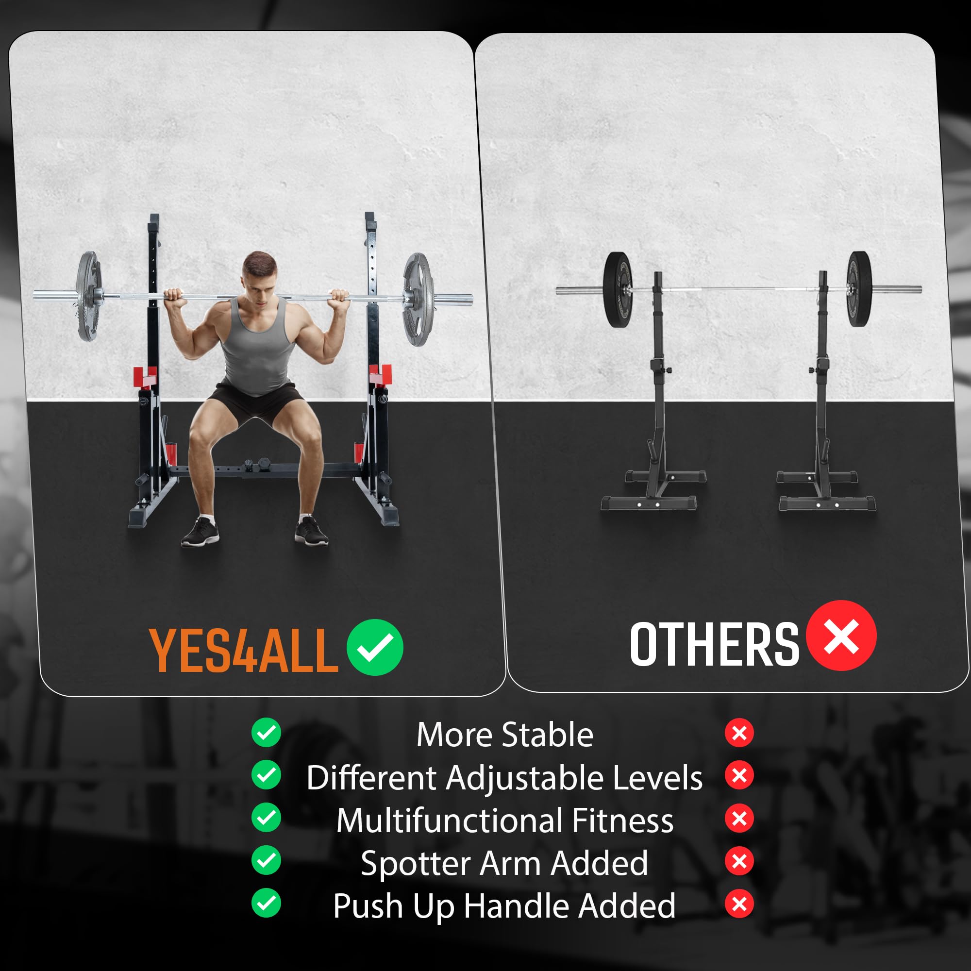Yes4All Adjustable Squat Rack for Home Gym - 600LBS Capacity Barbell Stand with Weight Plate Storage, Multi-Function Power Rack for Bench Press, Weight Lifting & Dip Bar Workouts - Perfect for Garage Gym & Strength Training