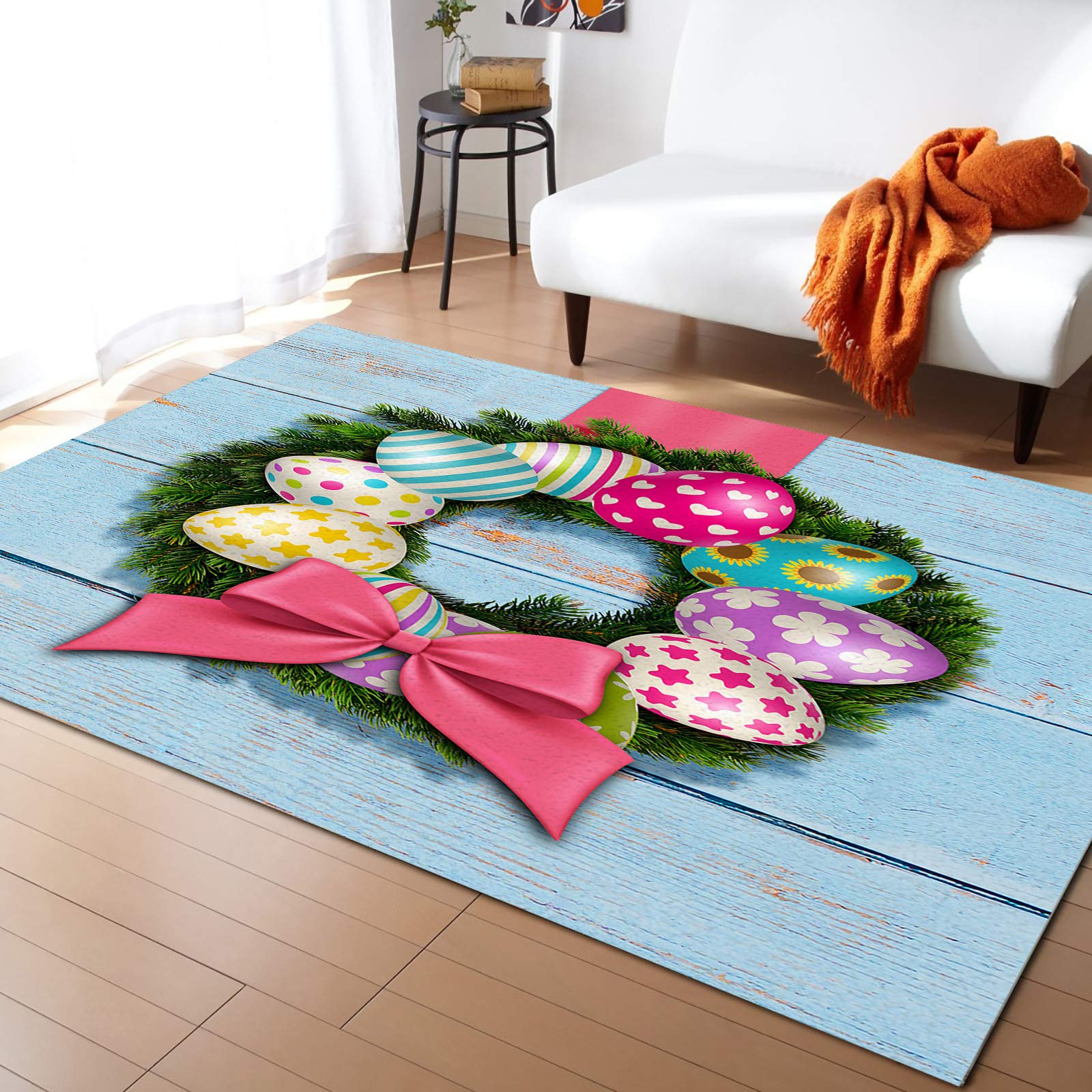 LEOSUCRE 4' x 6' Non-Slip Indoor Area Rug - Easter Bow Wreath with Eggs Design for Living Room, Bedroom, Nursery | Modern Home Decor Floor Carpet for Cozy Spaces & Holiday Celebrations