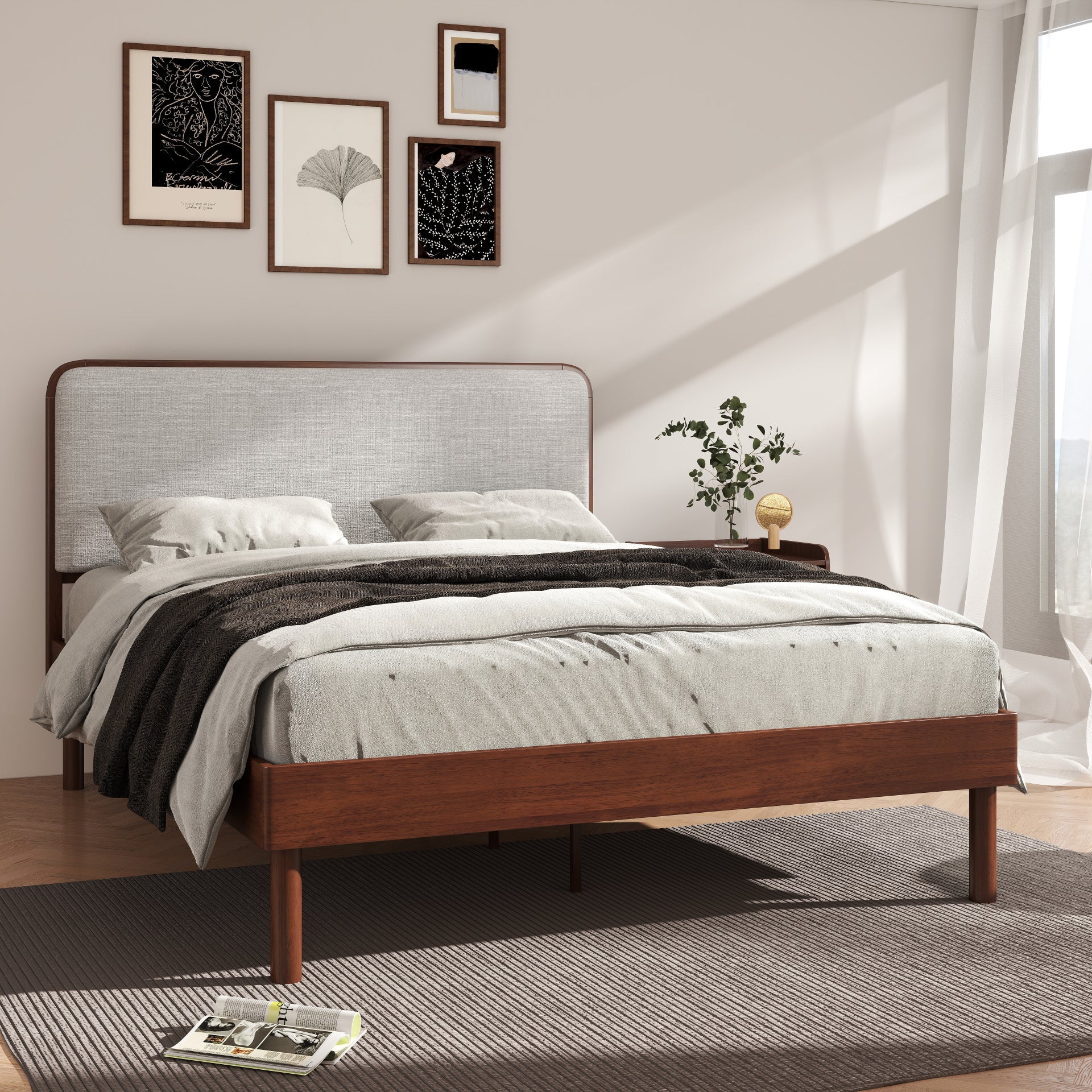 Roundhill Furniture Wyller Rubberwood Platform Bed - Queen Size, Natural Walnut Finish, Solid Wood Frame, Modern Minimalist Design for Bedroom Decor | Perfect for Guest Rooms, Master Bedrooms & Small Spaces