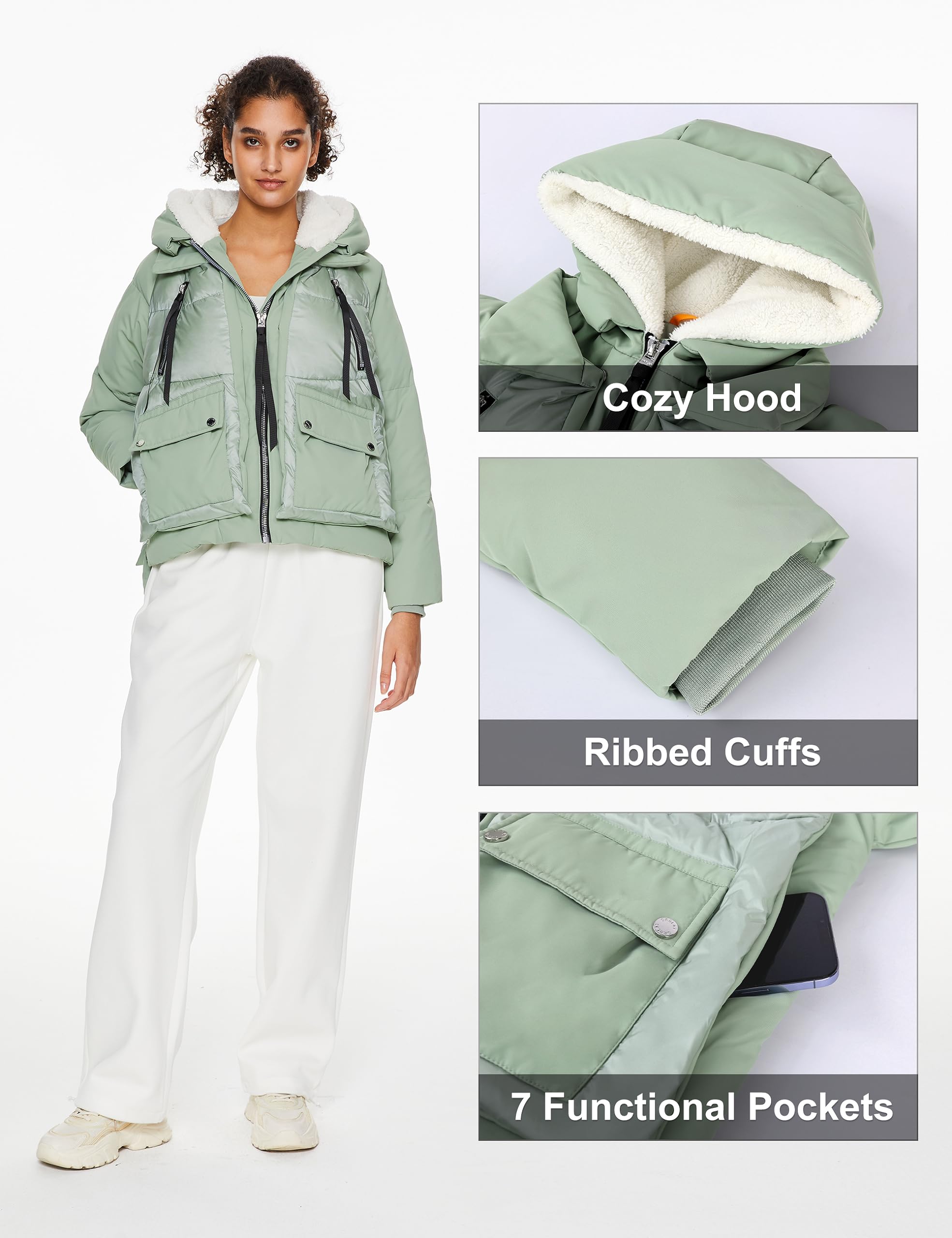 Orolay Women's Cropped Puffer Jacket - Patchwork Down Coat with Stand Collar & Hood | Winter Fashion Outerwear with Pockets for Casual Outings & City Strolls