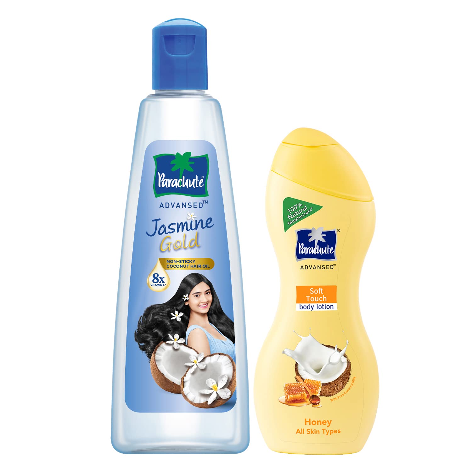 Parachute Advanced Jasmine Gold Non-Sticky Coconut Hair Oil with 8x Vitamin E for Super Shiny Hair - 500ml | Honey Infused Soft Touch Body Lotion for Dry Skin - 100% Natural Moisturizer - 250ml | Perfect for Daily Hair Care & Deep Skin Hydration