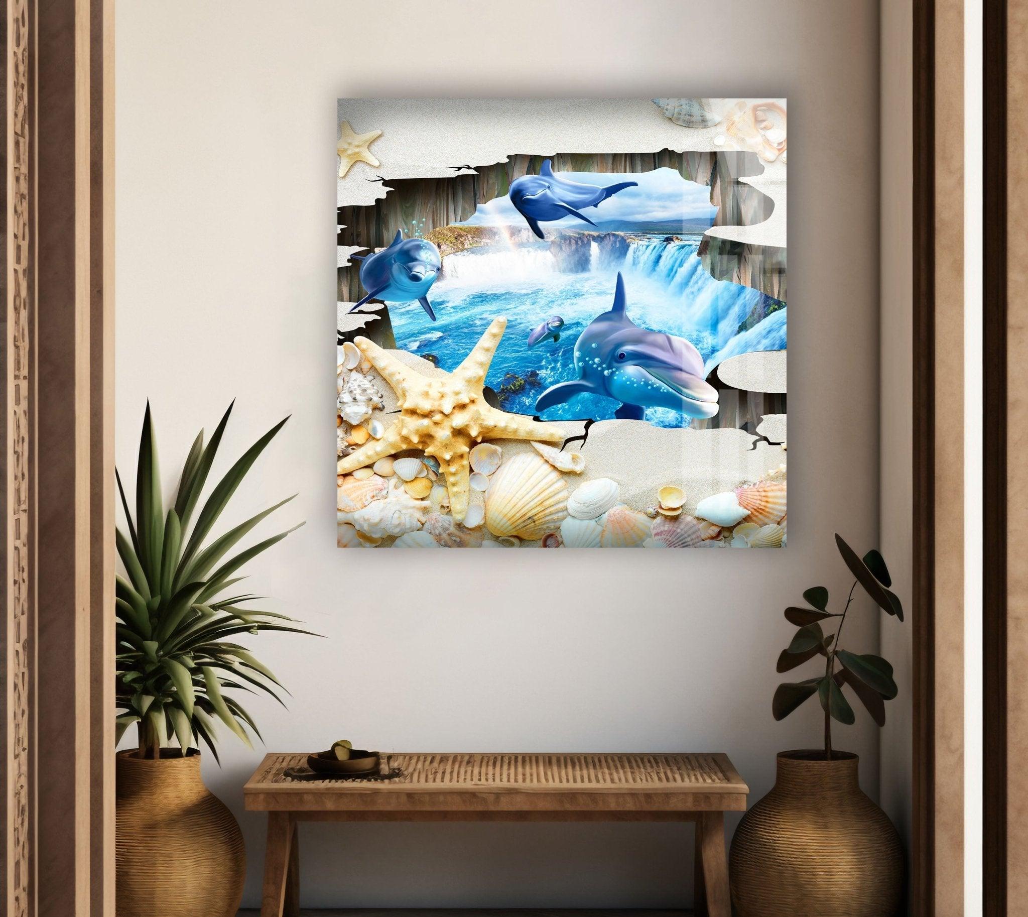 3D Dolphins Glass Wall Art - Ocean Themed Home Decor for Living Room, Bedroom & Office - Stunning Handmade Sea Life Mural with LED Backlighting