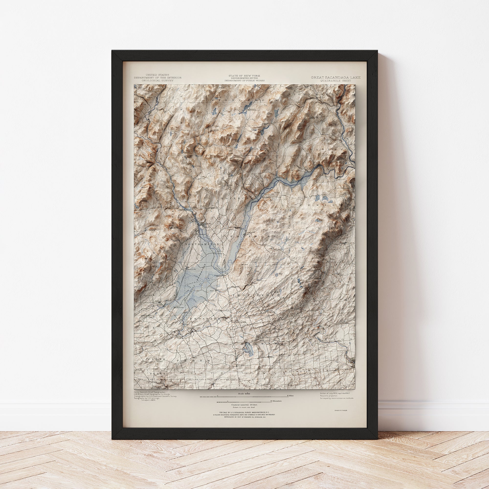 Vintage Shaded Relief Map of Great Sacandaga Lake NY (1902) - Antique Wall Decor for Home, Office & Cabin - Perfect for History Buffs & Map Collectors