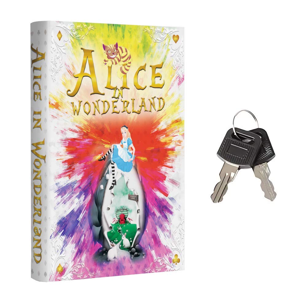 Fake Book Box Safe with Key Lock - Hidden Diversion Safe for Valuables - Secret Storage Disguised as a Book - Perfect for Home, Office & Travel Security (Large Size, Alice Design)