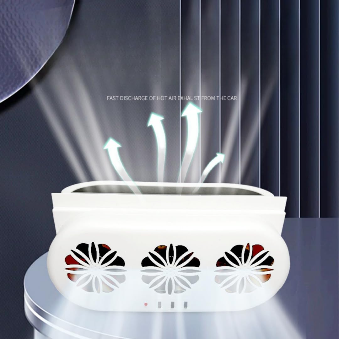 2024 Upgraded Solar Car Ventilation Fan - 3 Air Outlet Solar Powered Window Exhaust Fan for Most Vehicle Models (White) | Keep Your Car Cool & Fresh During Parking & Road Trips