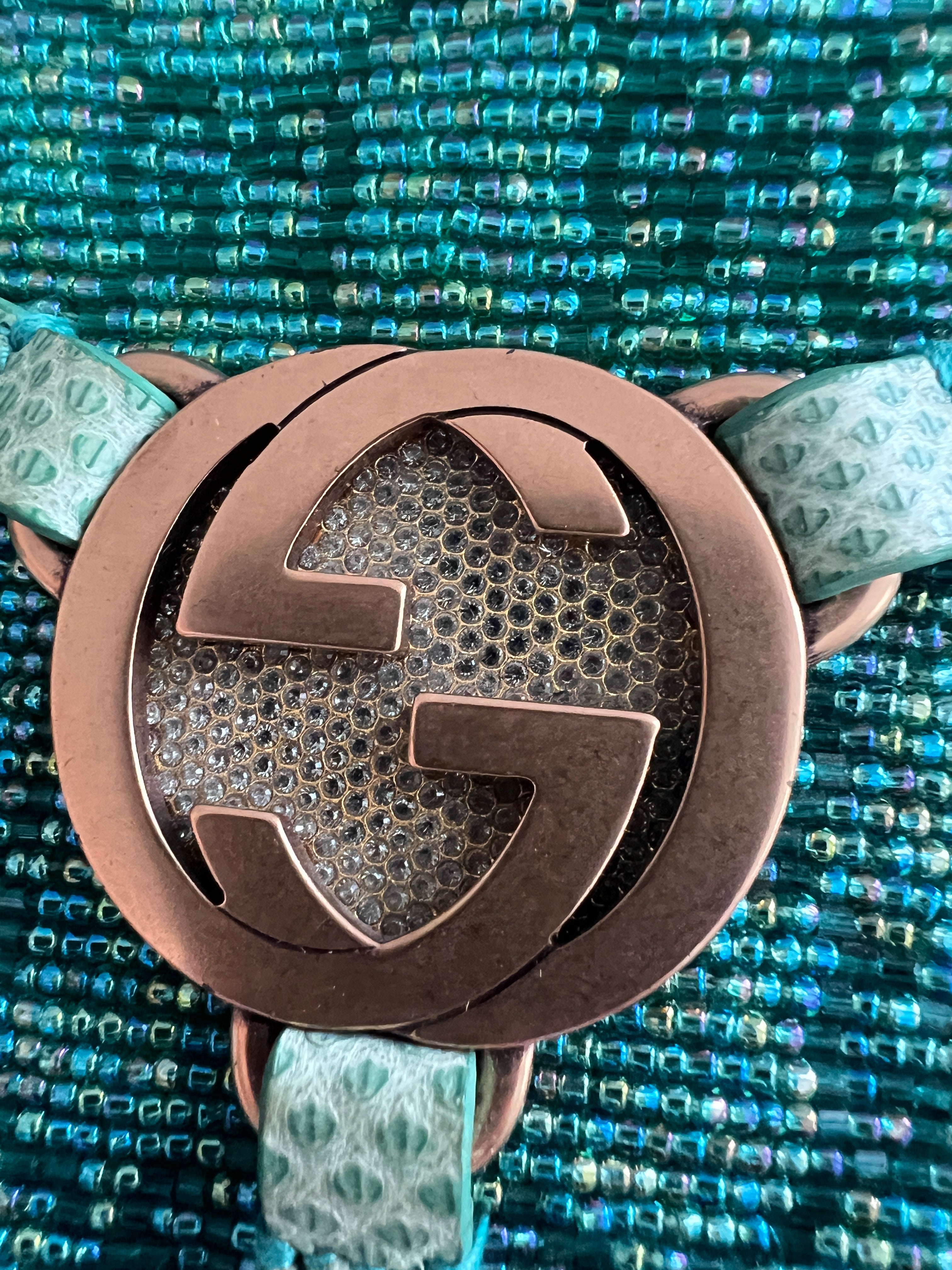 Gucci GG Nonogram Crystal Beaded Lizard Skin Handbag in Turquoise - Luxury Designer Crossbody Bag for Women, Perfect for Evening Parties & Special Occasions