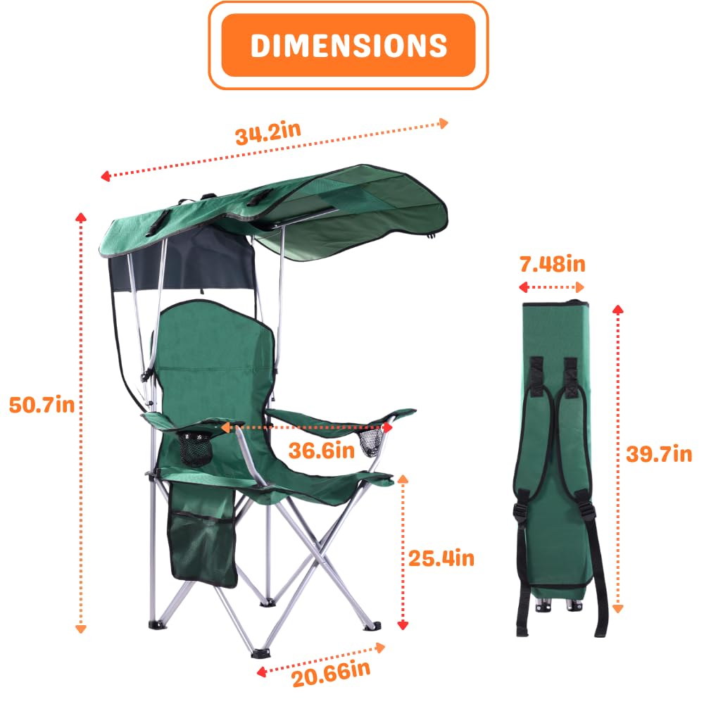 CozyBox Portable Folding Camping Chair with Canopy Shade - Heavy Duty 600D Oxford Fabric Beach Chair for Adults - Weather Resistant Outdoor Lounge Chair for Camping, Beach, Picnics & Backyard Relaxation [Green]