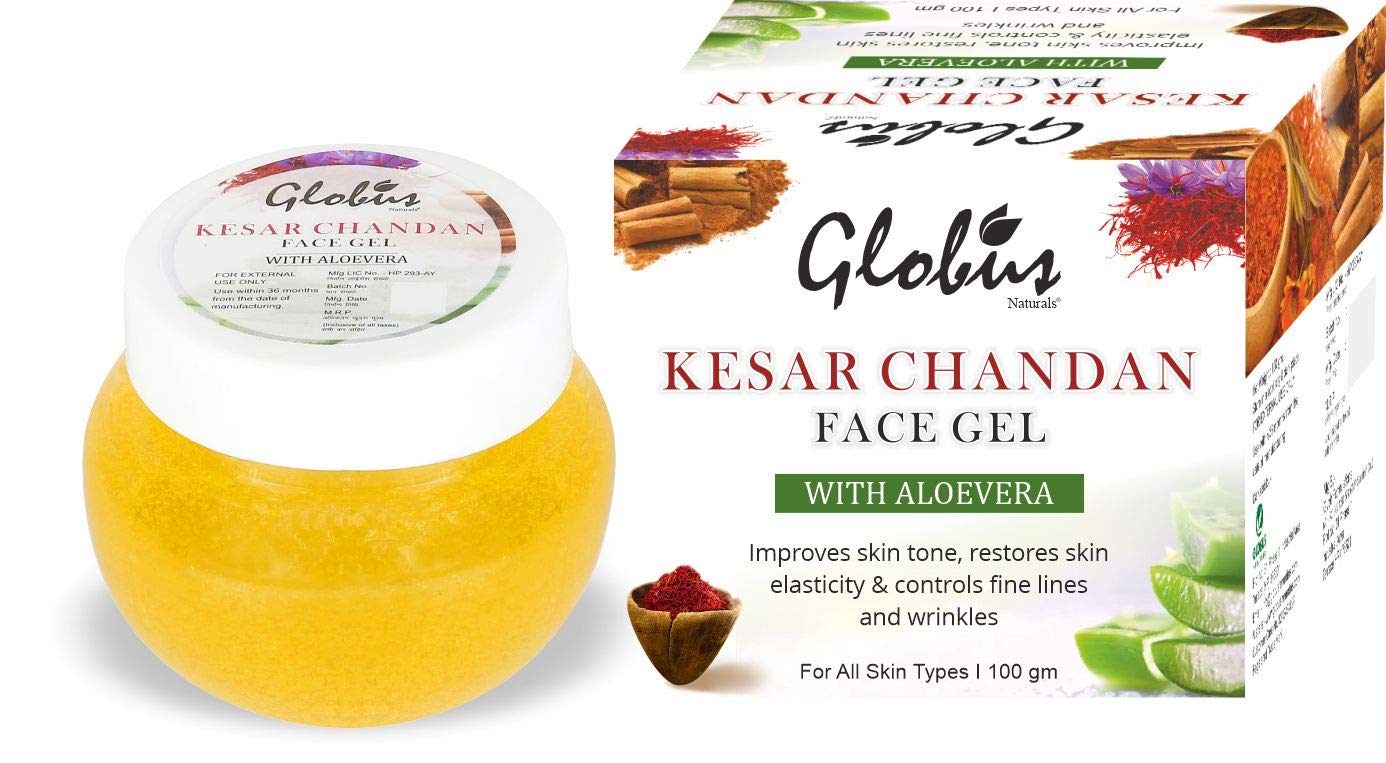 Globus Naturals Kesar Chandan Face Gel with Aloe Vera - 100g | Saffron & Sandalwood Hydrating Face Gel for Glowing Skin | Perfect for Daily Skincare & Nighttime Routine