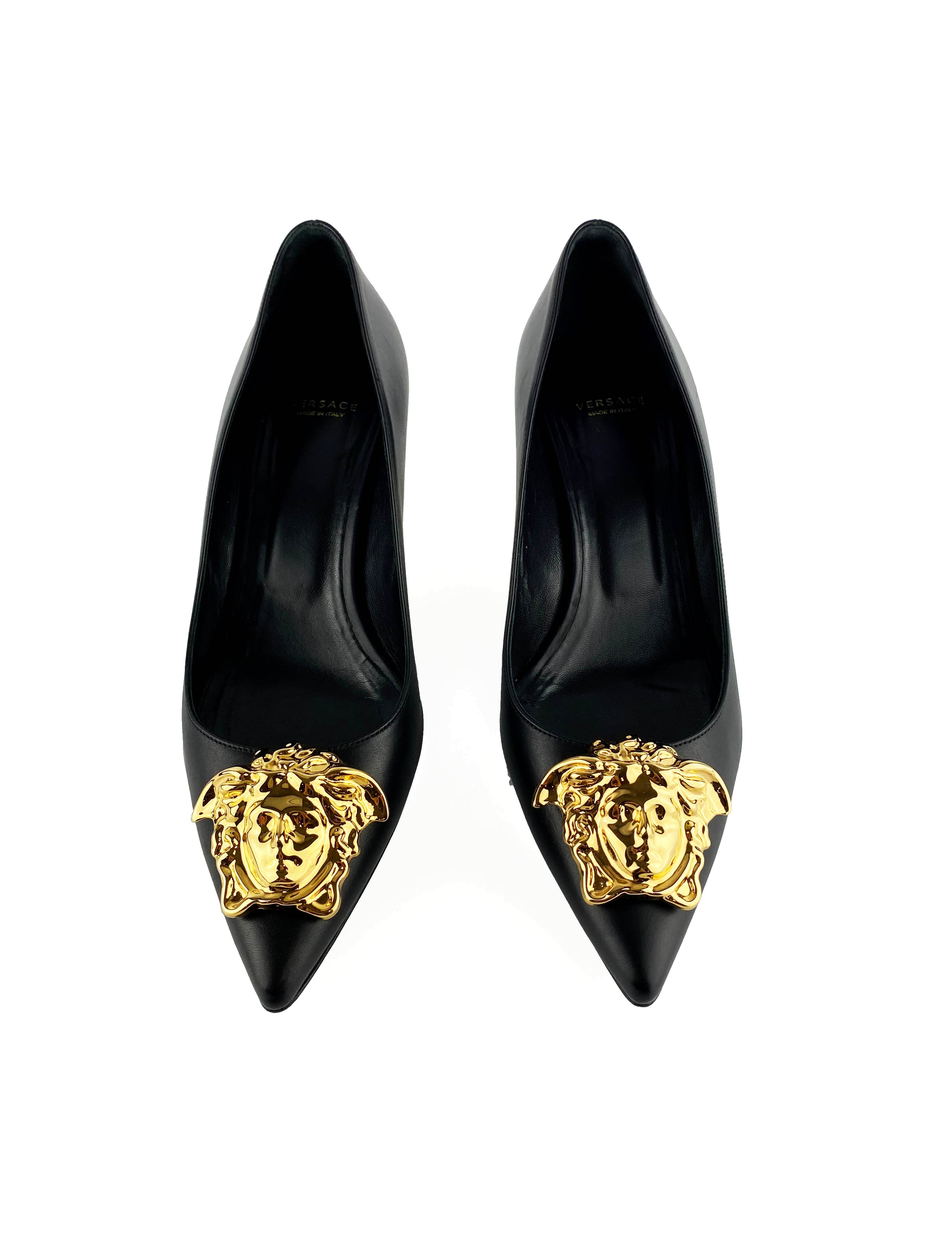 Versace Black & Gold Medusa Head Kitten Heels - Women's Size 39 Luxury Designer Pumps for Parties, Weddings & Evening Events