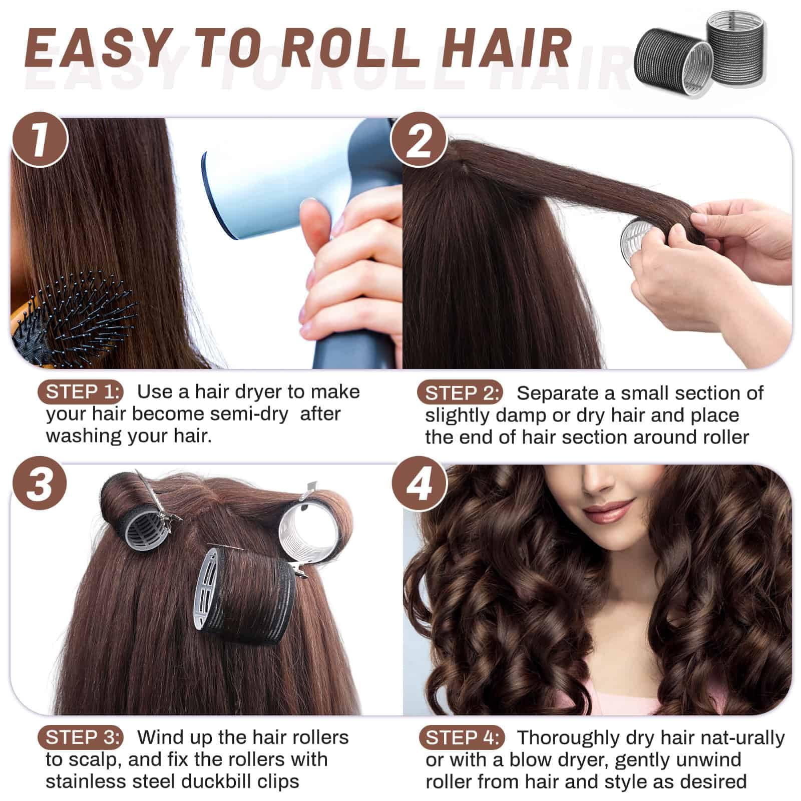 Large Hair Rollers Set - 24 Pieces (12 Jumbo Rollers + 12 Clips) for Long Thick Hair Volume & Styling - Black | Perfect for Home Salon, Party Hairstyles & Professional Styling