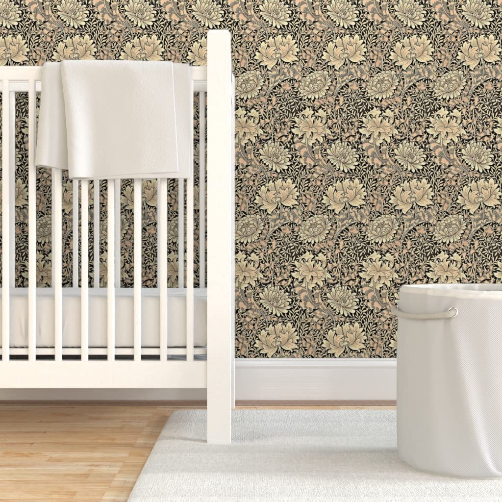 Peel & Stick Wallpaper 9ft x 2ft - Wood Brown Floral Beige Daisy Nouveau Chrysanthemum Pattern | Removable Self-Adhesive Wallpaper for Bedroom, Living Room & Nursery Decor | Easy DIY Home Improvement