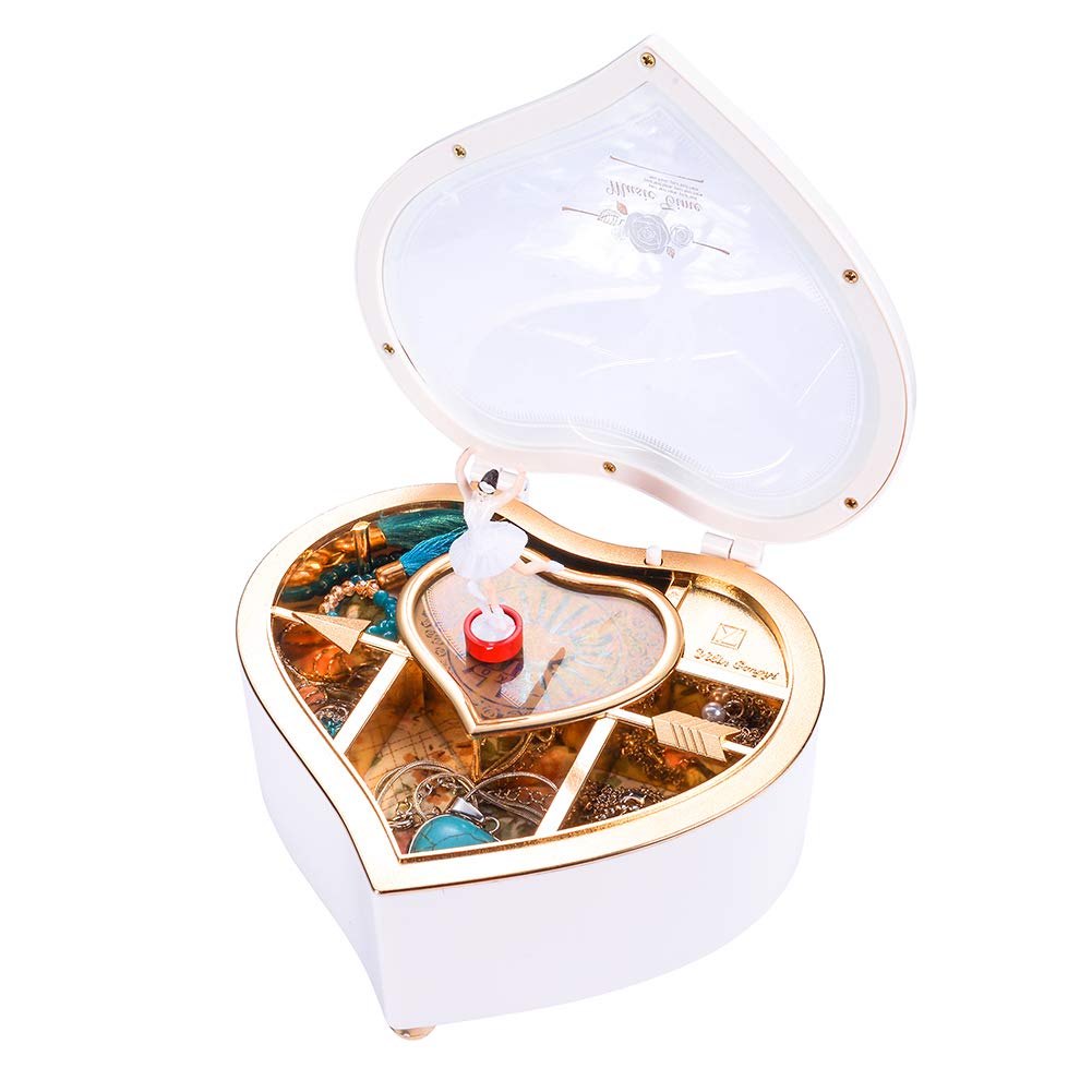 Ballerina Musical Jewelry Box with Rotating Dancer - Heart Shaped Music Jewelry Storage Case for Girls - Perfect Gift for Birthdays & Anniversaries (White) - Ideal for Bedroom Decor, Jewelry Organization & Special Occasion Gifts