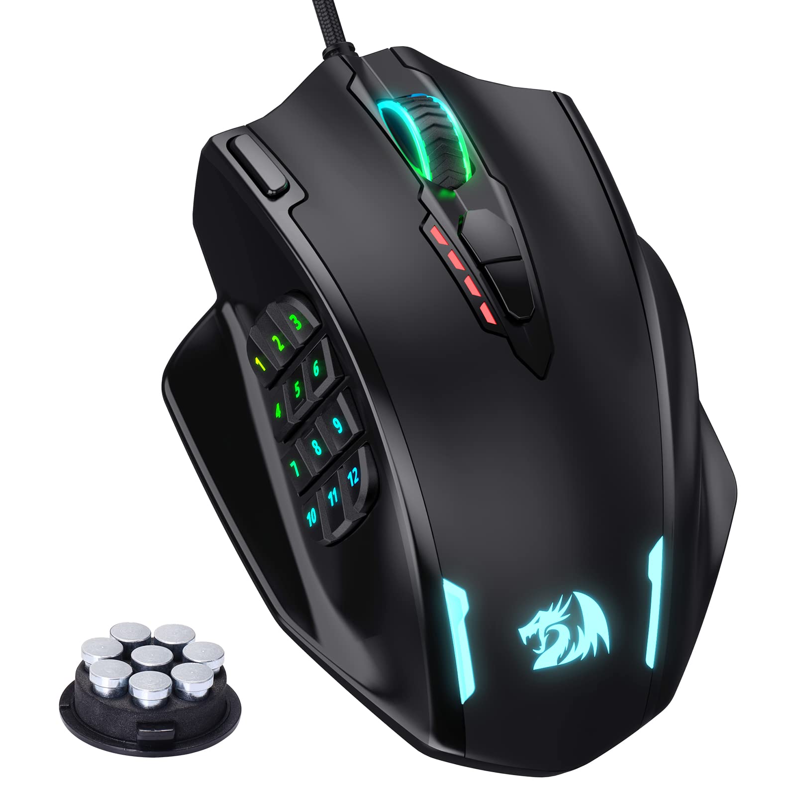 Redragon M908 Impact RGB LED MMO Gaming Mouse - 12 Programmable Side Buttons, 12,400 DPI Optical Sensor, 18 Macro Shortcuts, Ergonomic Wired Mouse for PC Gaming - Perfect for MMO, RPG & FPS Games
