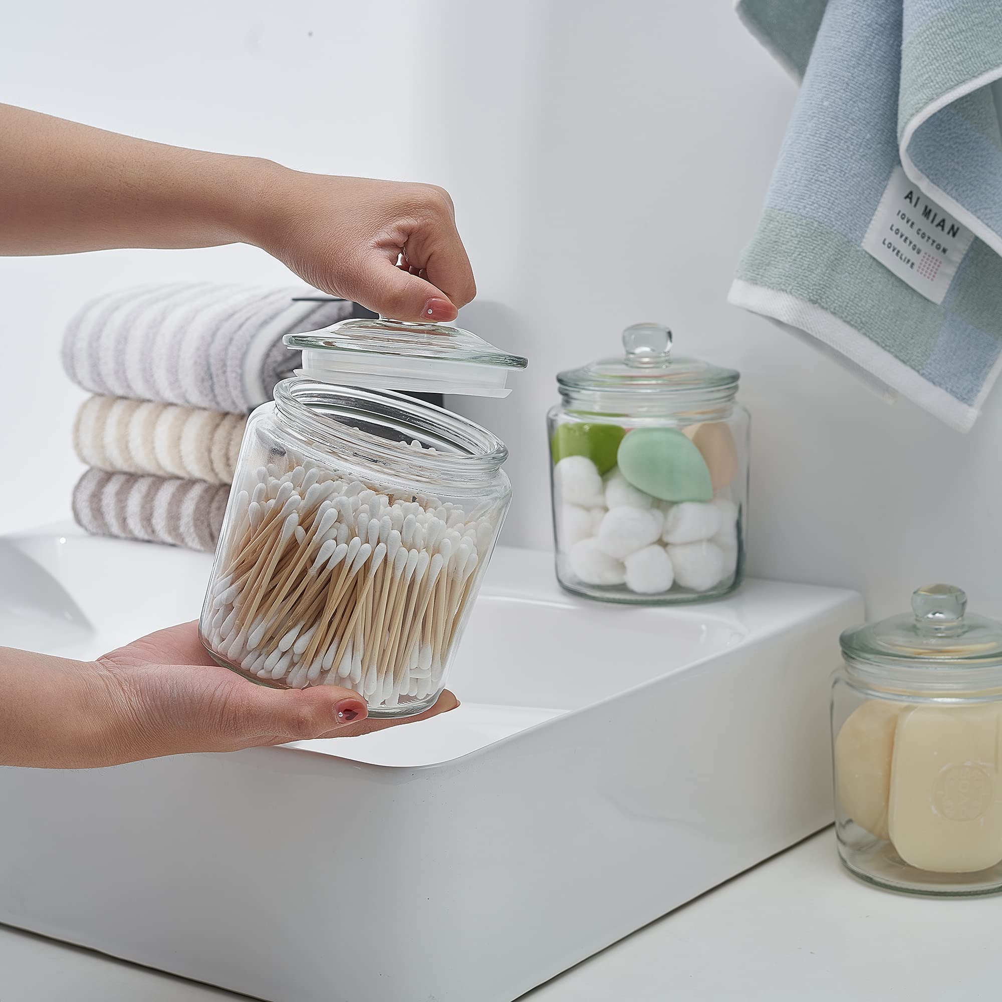 Premium Glass Kitchen Canister Storage Jars - Airtight Food Containers Set of 3 (32oz) for Flour, Sugar, Coffee & Dry Goods - Perfect for Pantry Organization & Countertop Display