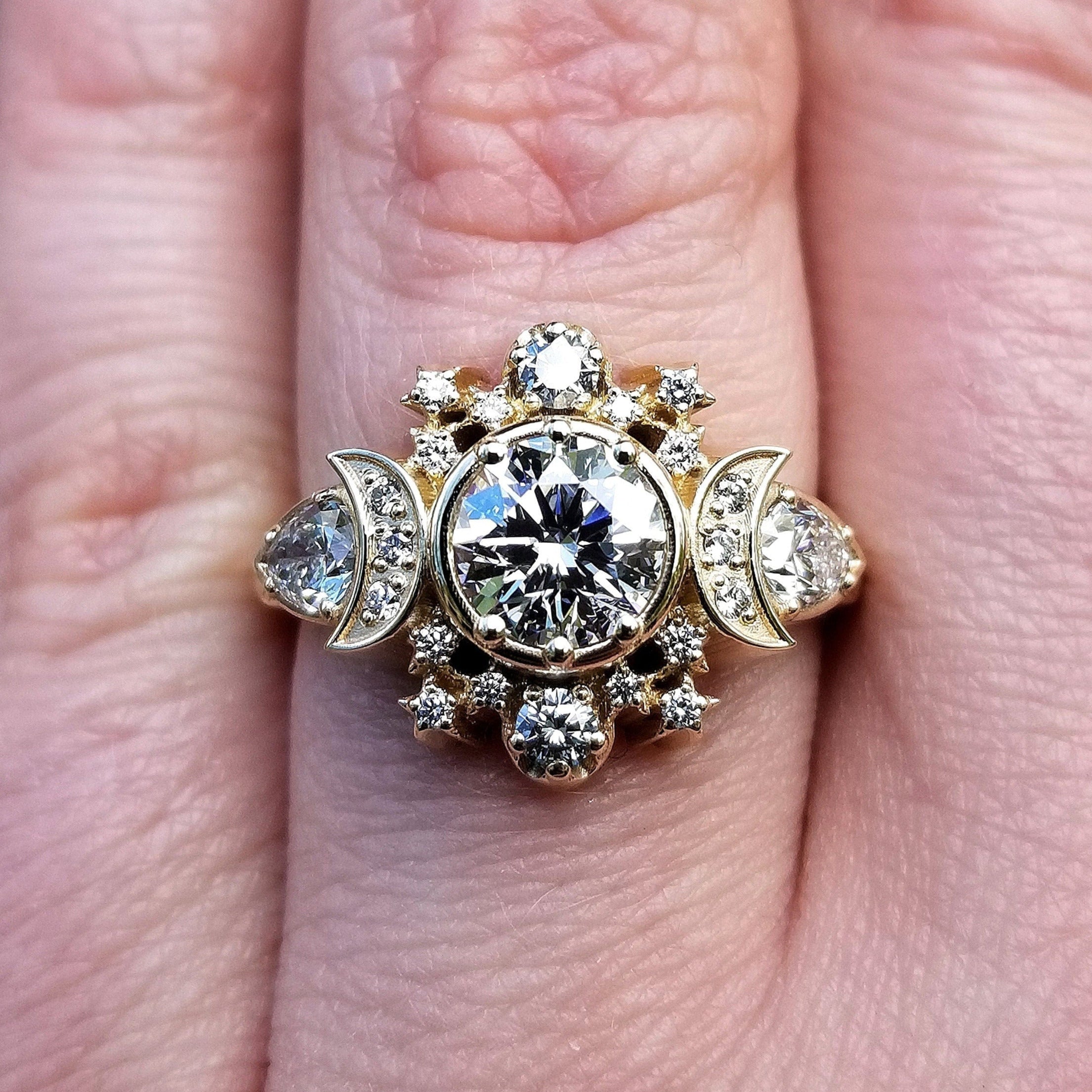 Infinite Cosmos Engagement Ring – 14k Gold 1 Carat Diamond Ring with Stars & Crescent Moons | Size 6-8 | Unique Modern Wedding Band for Ceremonies, Anniversaries & Romantic Proposals