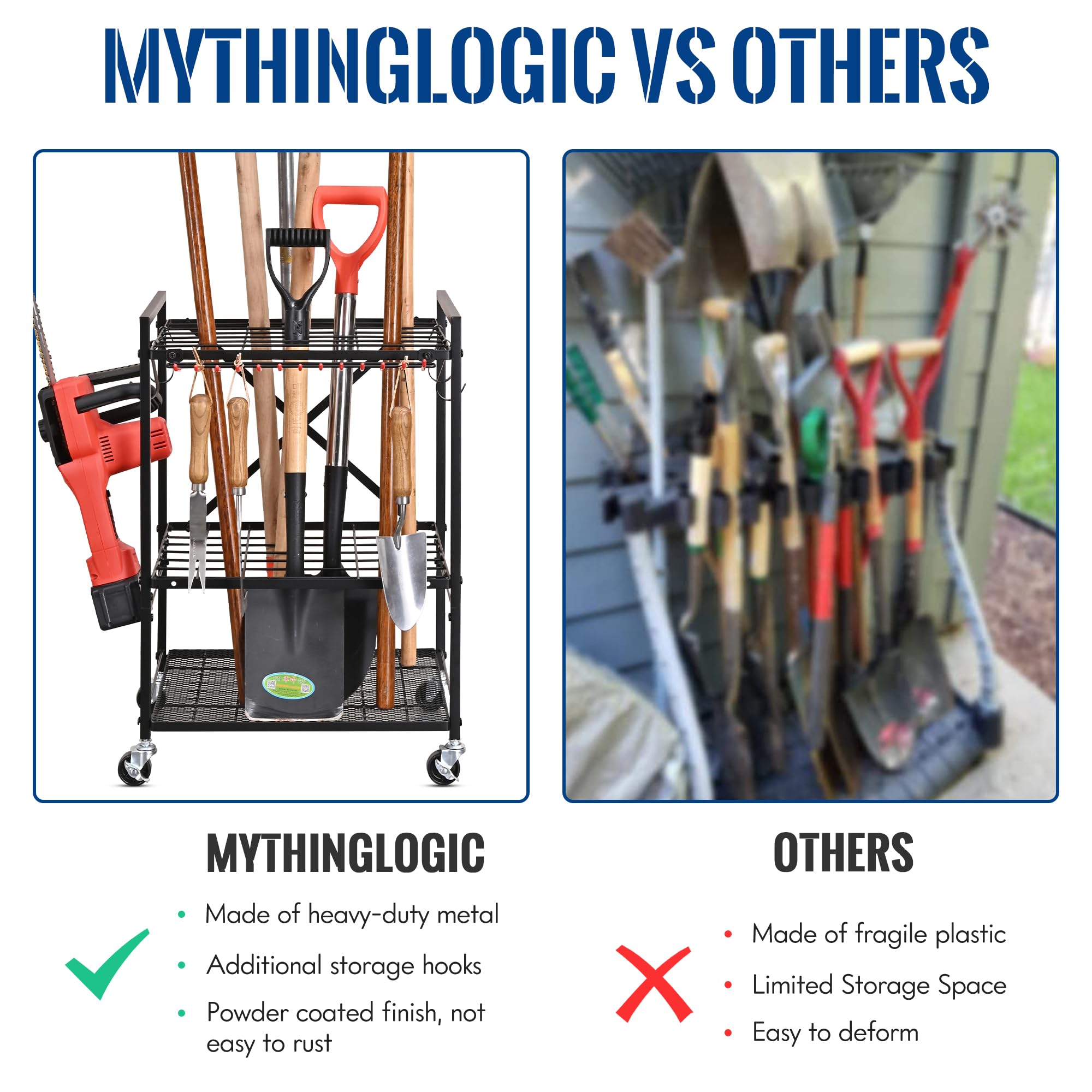 Mythinglogic Small Tower Garden Tool Organizer with Wheels - Heavy Duty Garage & Yard Tool Storage Rack for Shovels, Rakes & Gardening Equipment - Perfect for Shed, Garage or Outdoor Tool Organization