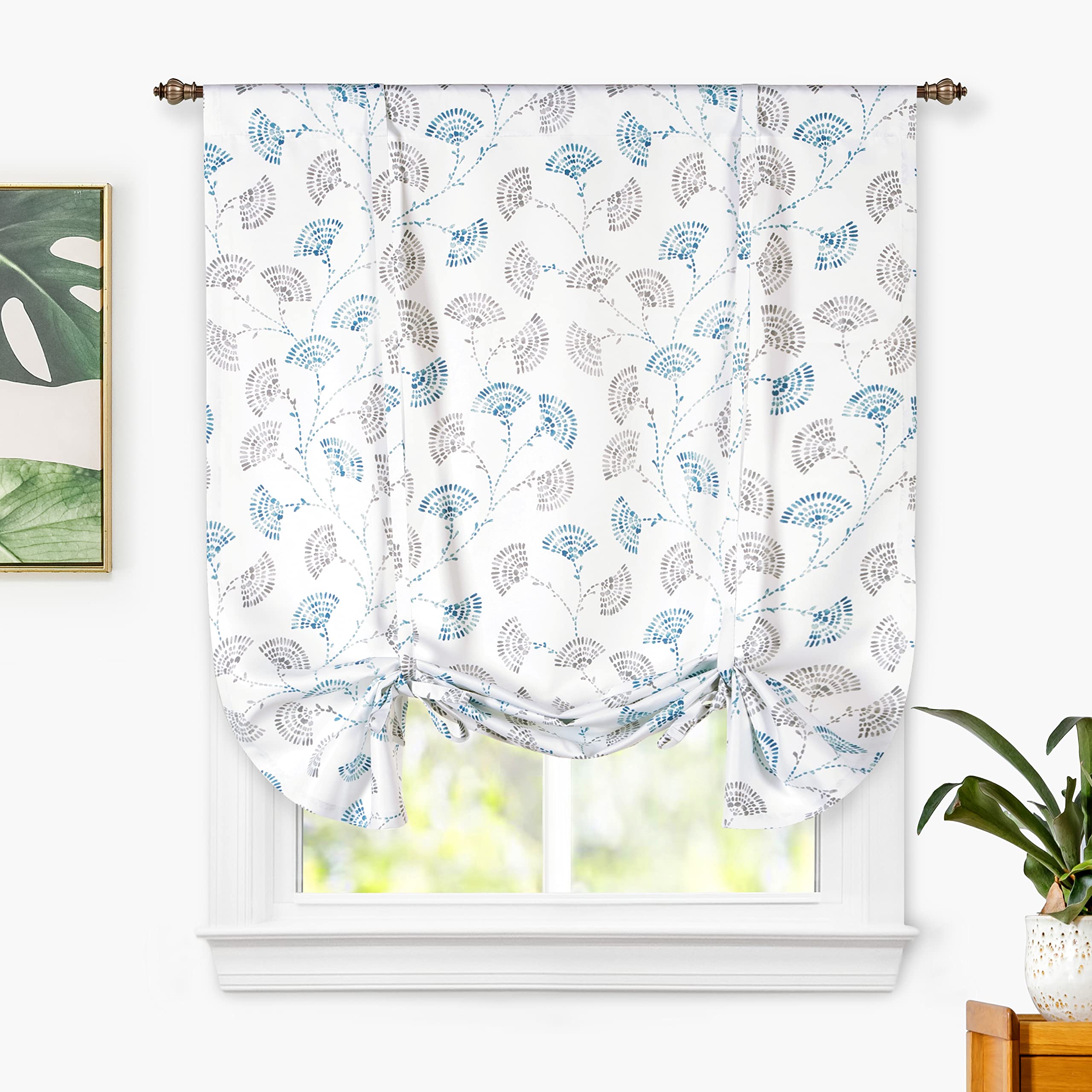Floral Watercolor Printed Tie-Up Curtains for Windows - DriftAway Adjustable Balloon Shade with Rod Pocket, Kitchen & Small Window Room Darkening (45