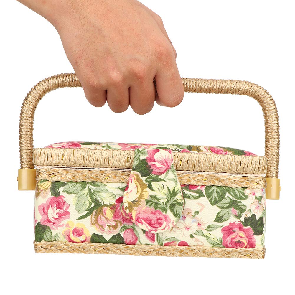 Portable Sewing Basket for Buttons, Scissors & Thread - Household Sewing Kit with Storage Organizer (Pastoral Rose Design) - Perfect for Home, Travel & Craft Projects