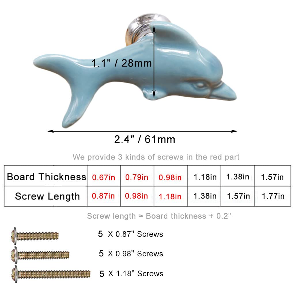 5Pcs Dolphin Ceramic Drawer Knobs for Kids - Cute Cartoon Cabinet Handles for Dresser & Bookcase (Blue) - Nursery & Playroom Decor