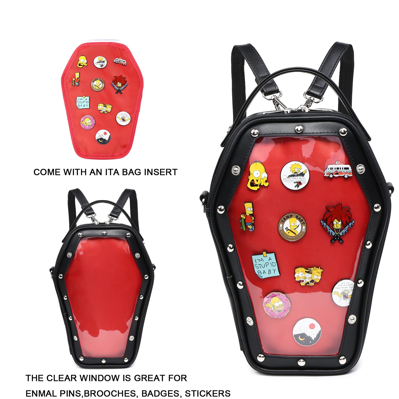 Gothic Coffin Shape Ita Bag Backpack - Rainbow Smile Anime Pin Display Purse for Halloween, Cosplay & JK Fashion | Stylish Alternative Handbag for Conventions & Kawaii Outfits