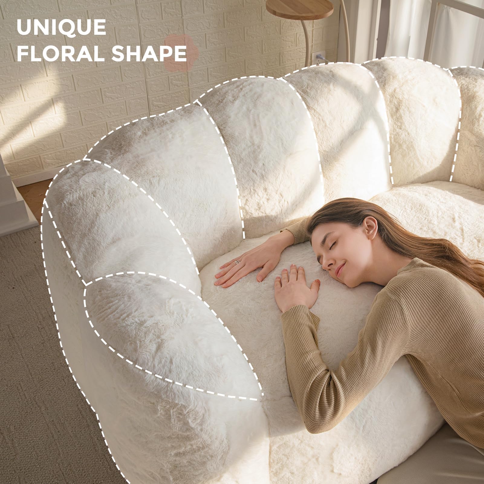 MAXYOYO Ultra Soft Faux Fur Bean Bag Chair - Double Size Loveseat with Floral Petal Back Design for Adults (Beige) | Perfect for Living Room, Bedroom, Dorm & Game Room Relaxation
