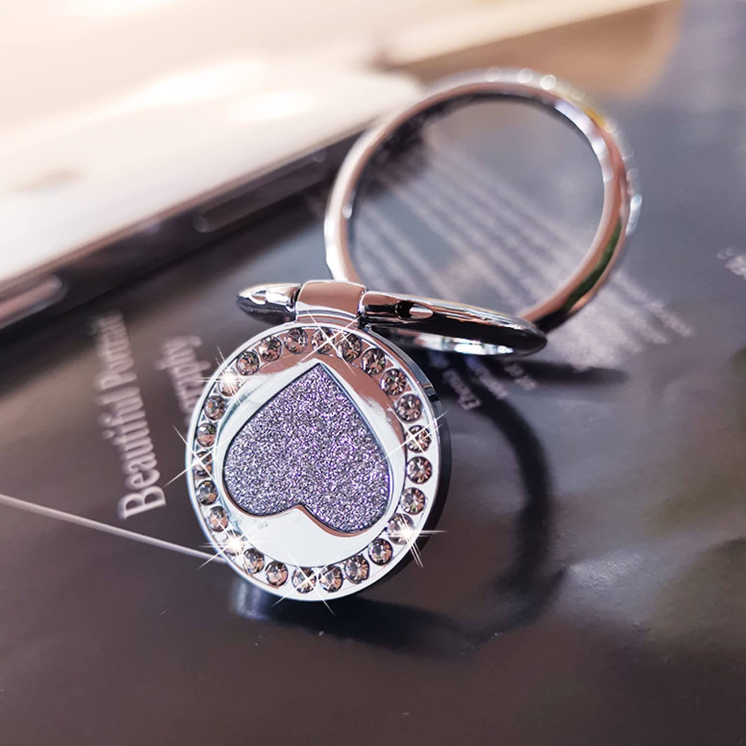 JAHOLAN 360°旋转金属手机指环支架 可折叠手机背夹支架 适用于大多数智能手机 银色爱心款 便携手机支架 适用于自拍、观影、办公